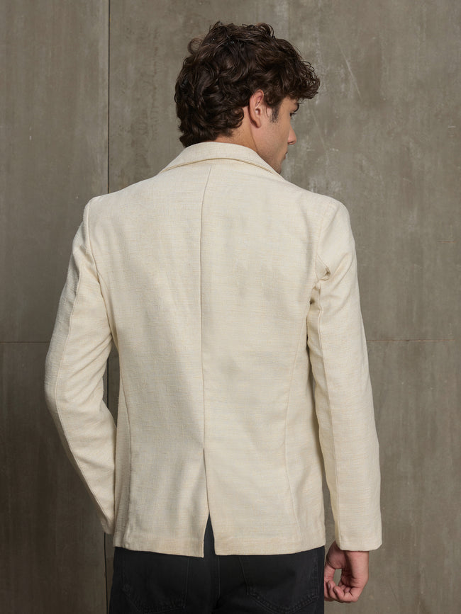 Men Beige Textured Self-Design Formal Blazer
