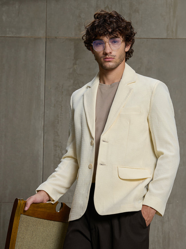 Men Cream Self-Design Regular Fit Casual Blazer