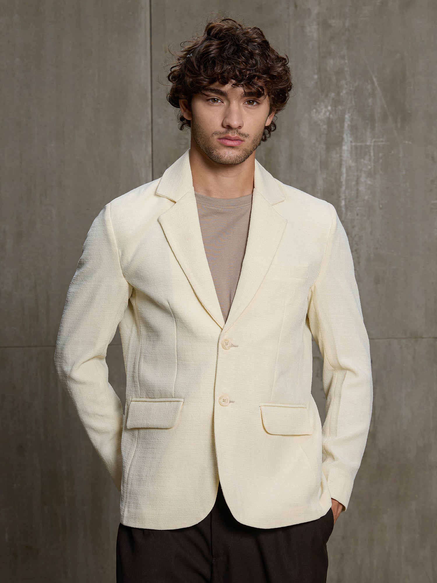 Men Cream Self-Design Regular Fit Casual Blazer