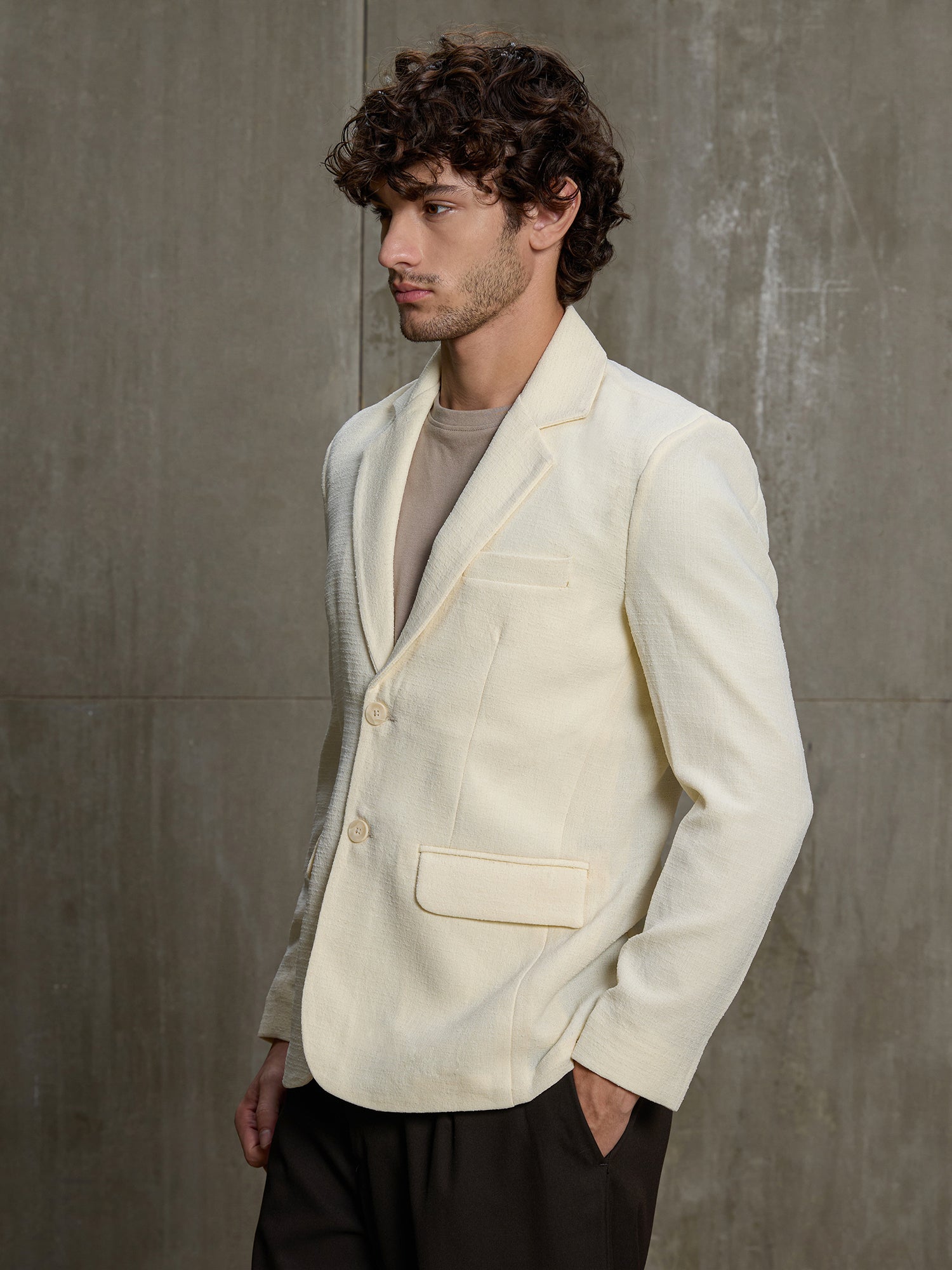 Men Cream Self-Design Regular Fit Casual Blazer