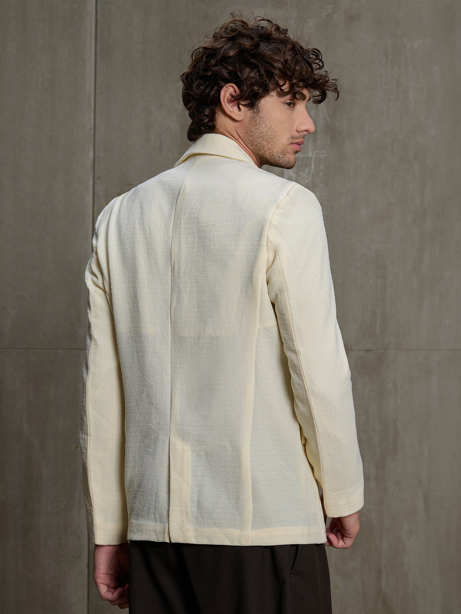 Men Cream Self-Design Regular Fit Casual Blazer