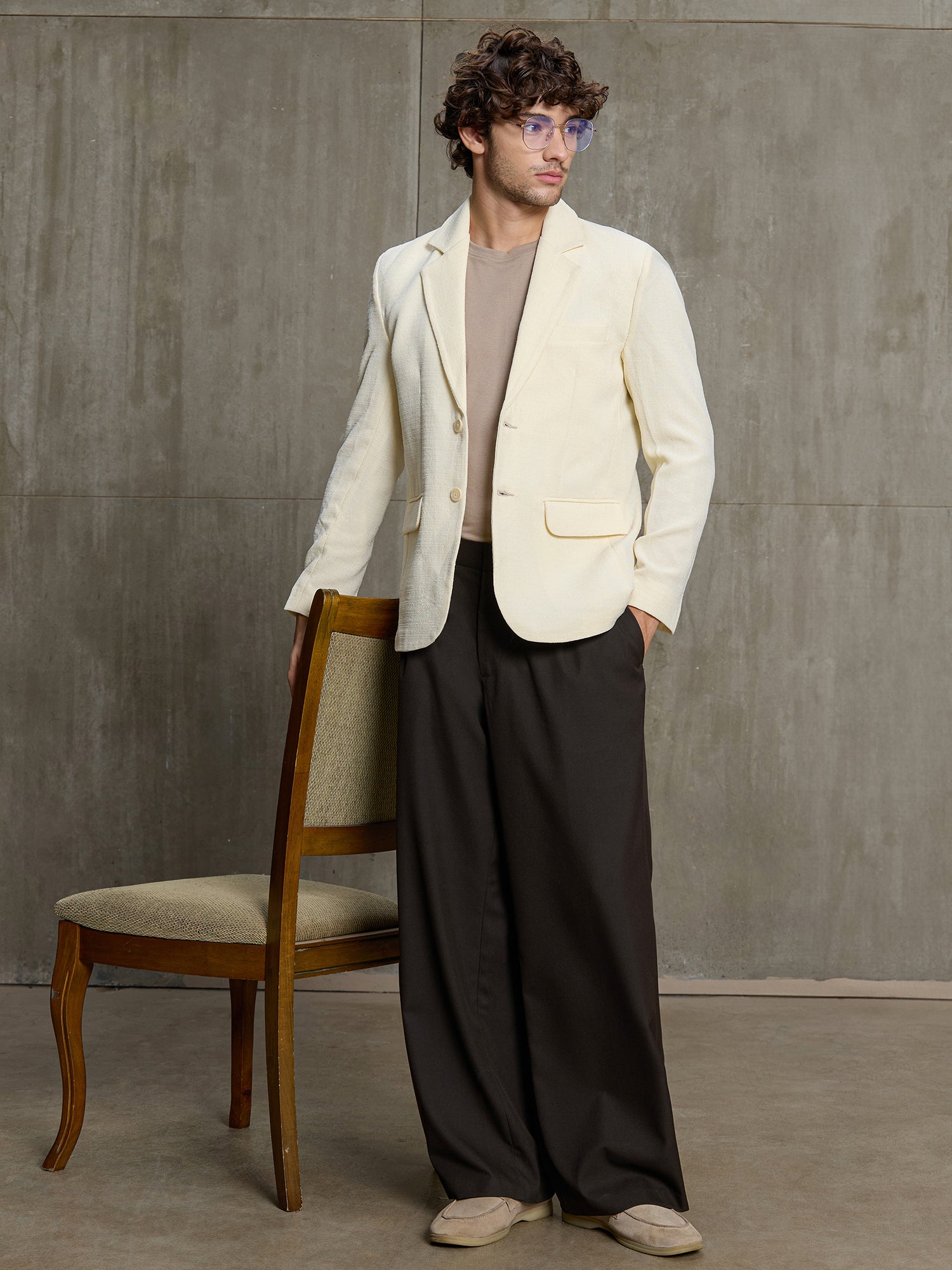 Men Cream Self-Design Regular Fit Casual Blazer