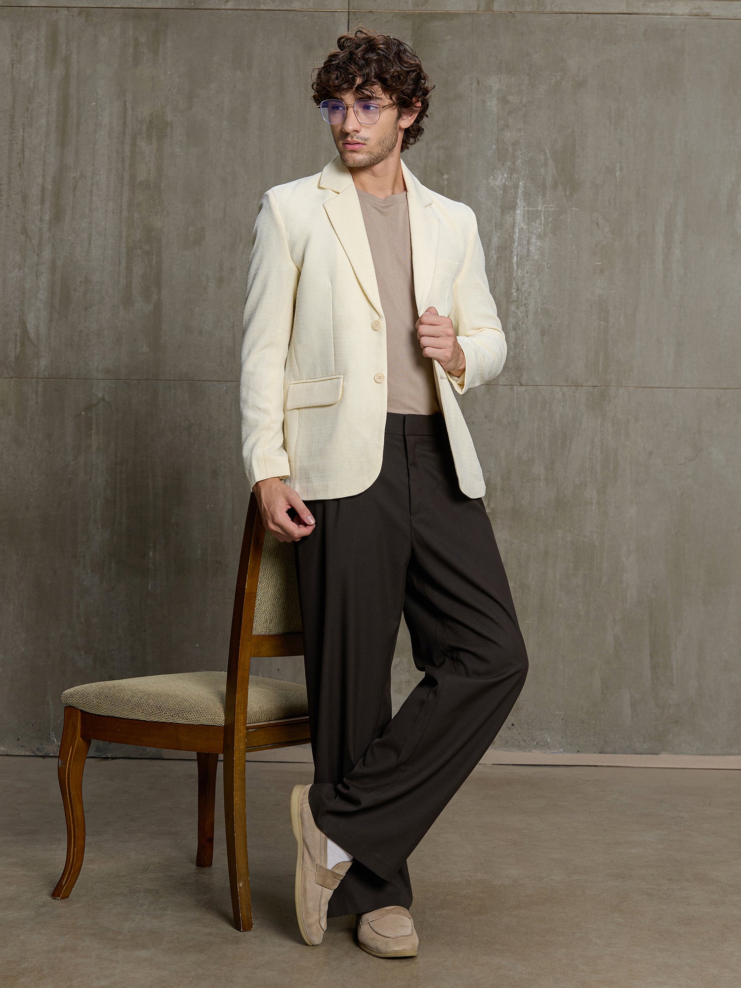 Men Cream Self-Design Regular Fit Casual Blazer