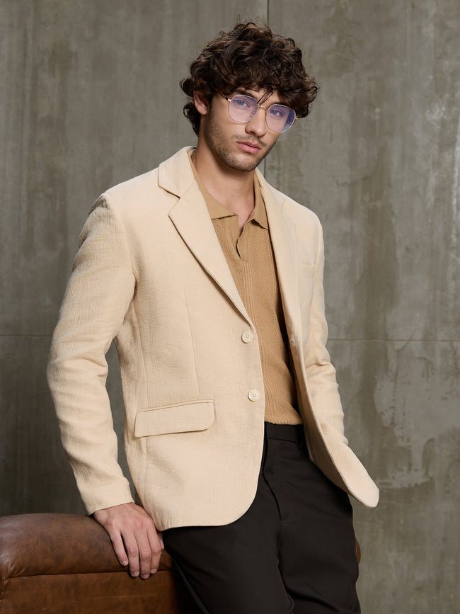Men Beige Premium Self-Design Formal Blazer