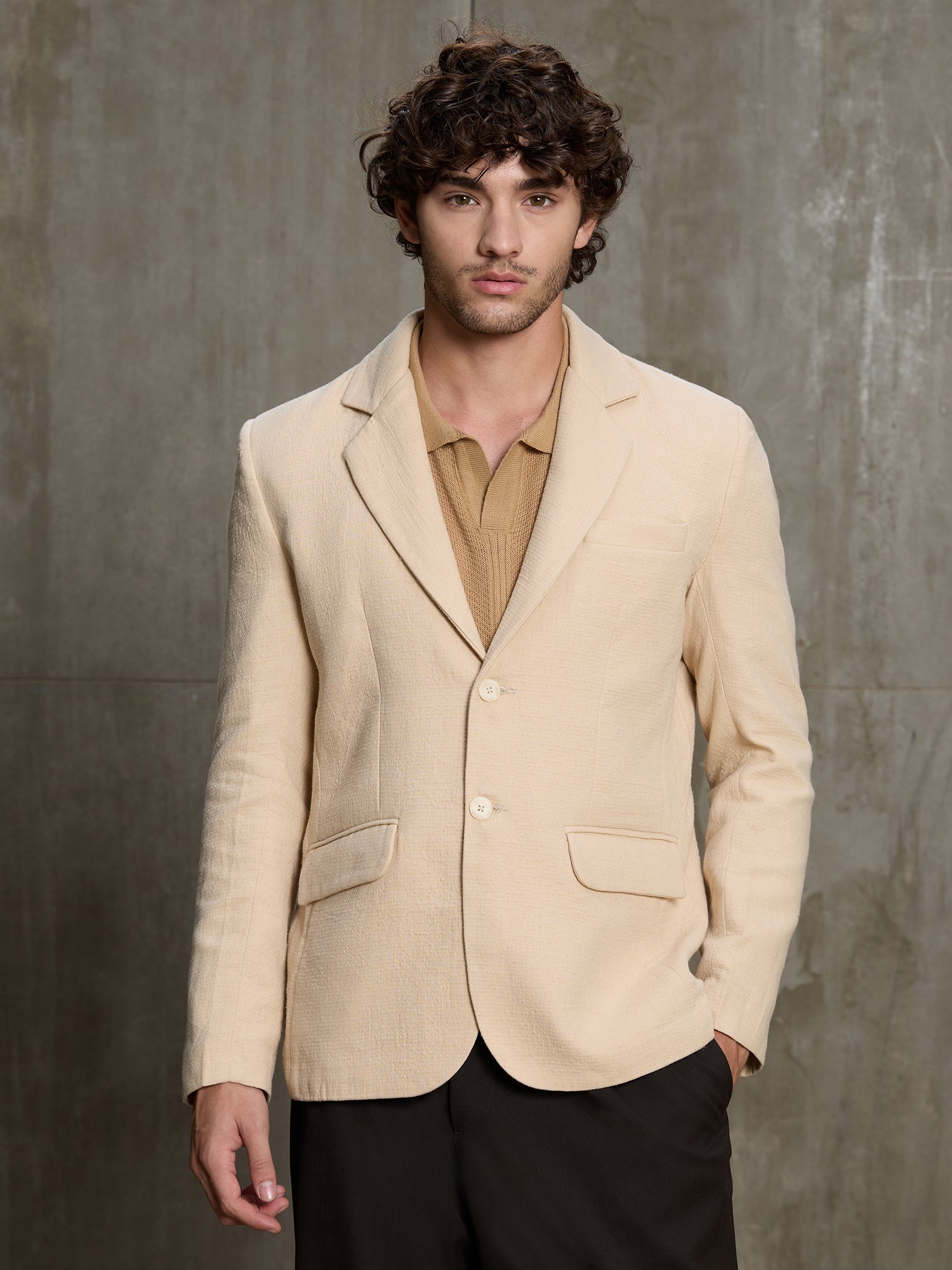 Men Beige Premium Self-Design Formal Blazer