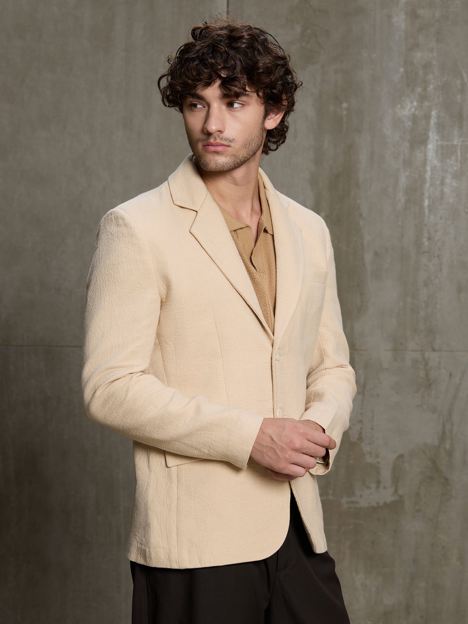 Men Beige Premium Self-Design Formal Blazer