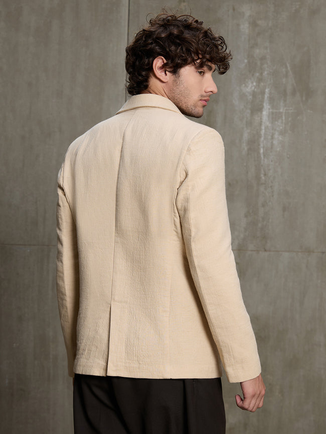 Men Beige Premium Self-Design Formal Blazer