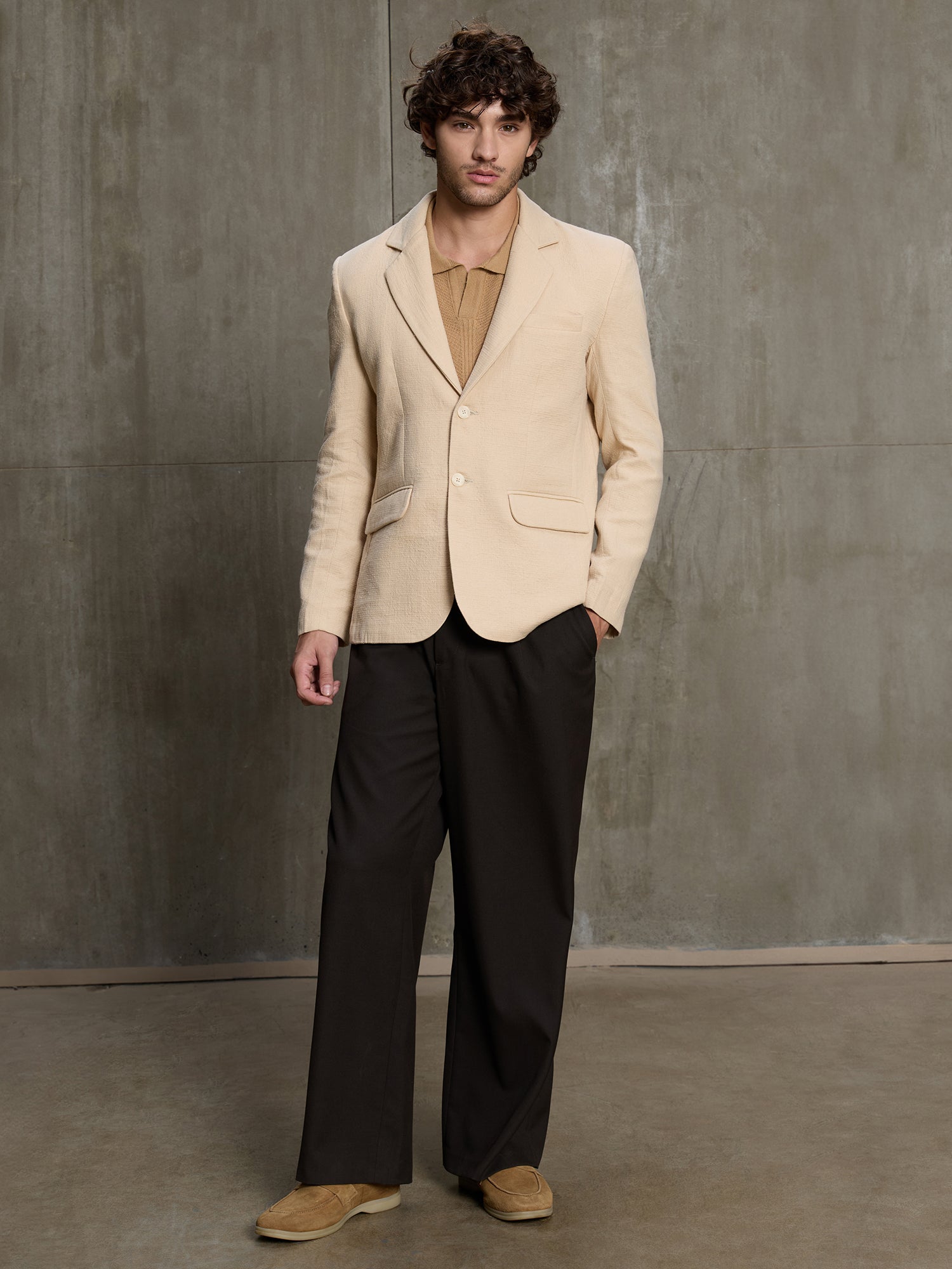 Men Beige Premium Self-Design Formal Blazer