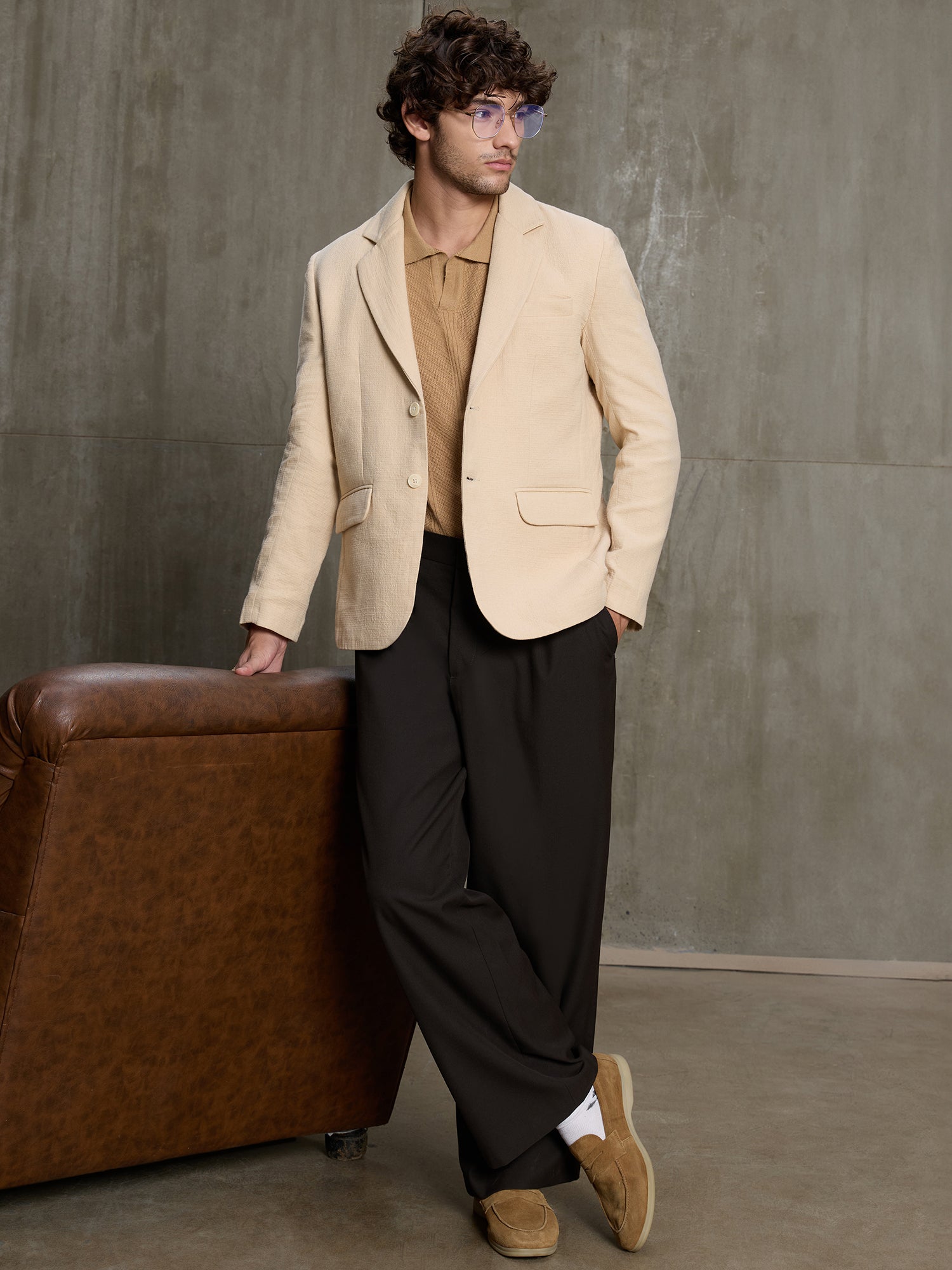 Men Beige Premium Self-Design Formal Blazer