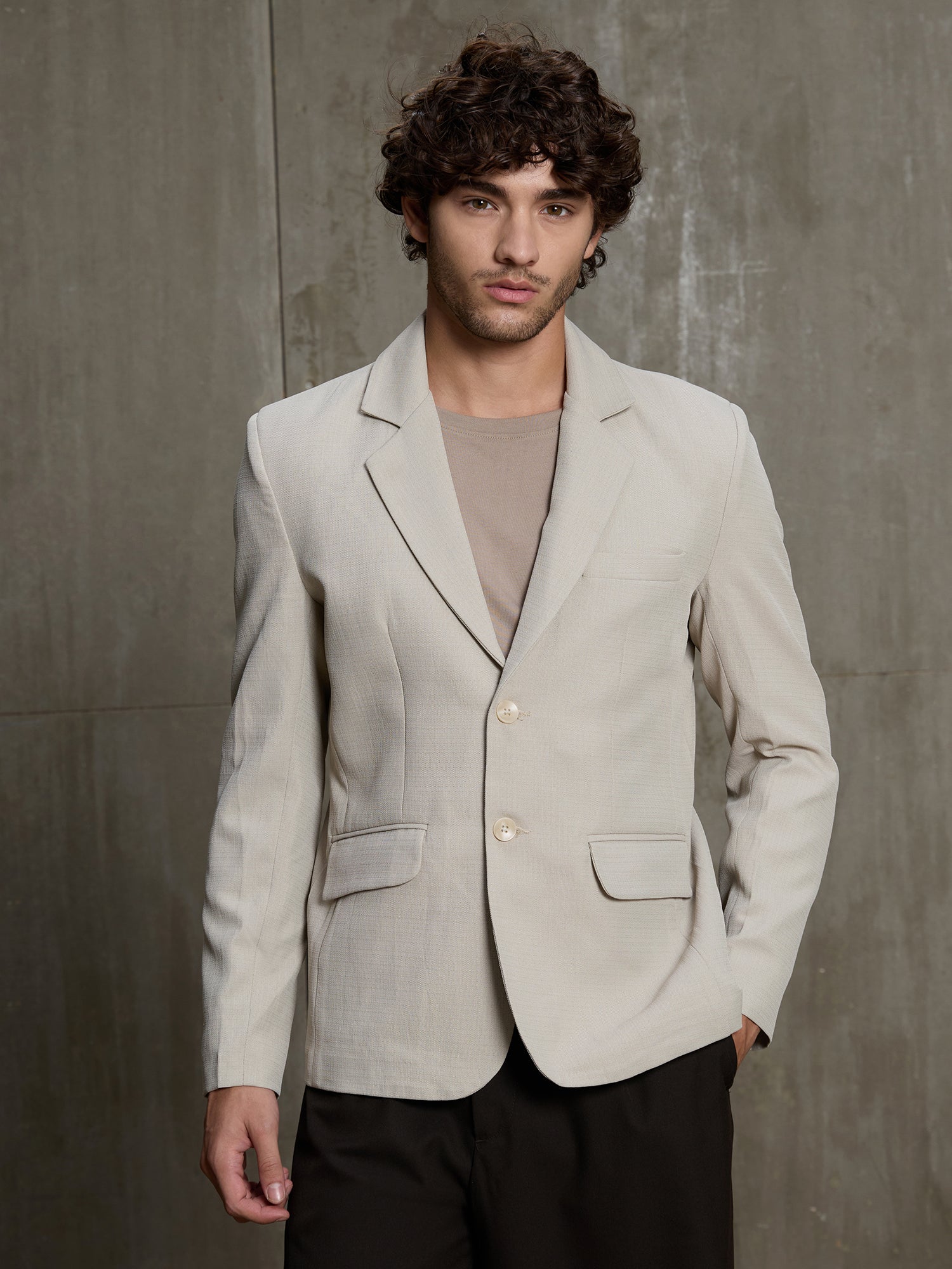 Men Beige Self-Design Regular Fit Formal Blazer