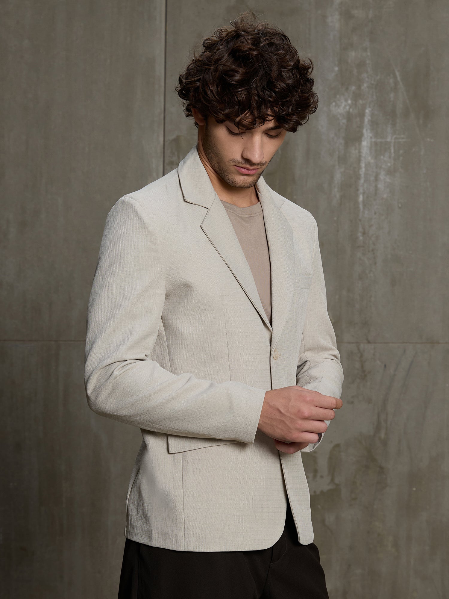Men Beige Self-Design Regular Fit Formal Blazer