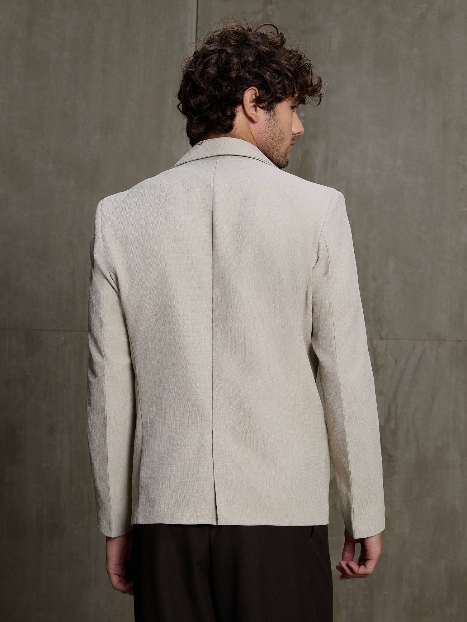 Men Beige Self-Design Regular Fit Formal Blazer