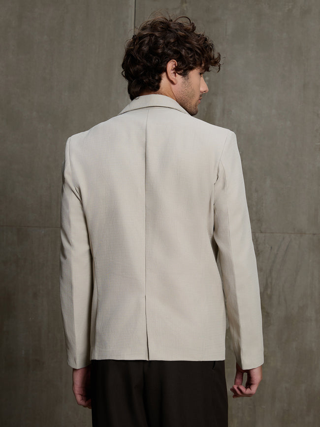 Men Beige Self-Design Regular Fit Formal Blazer