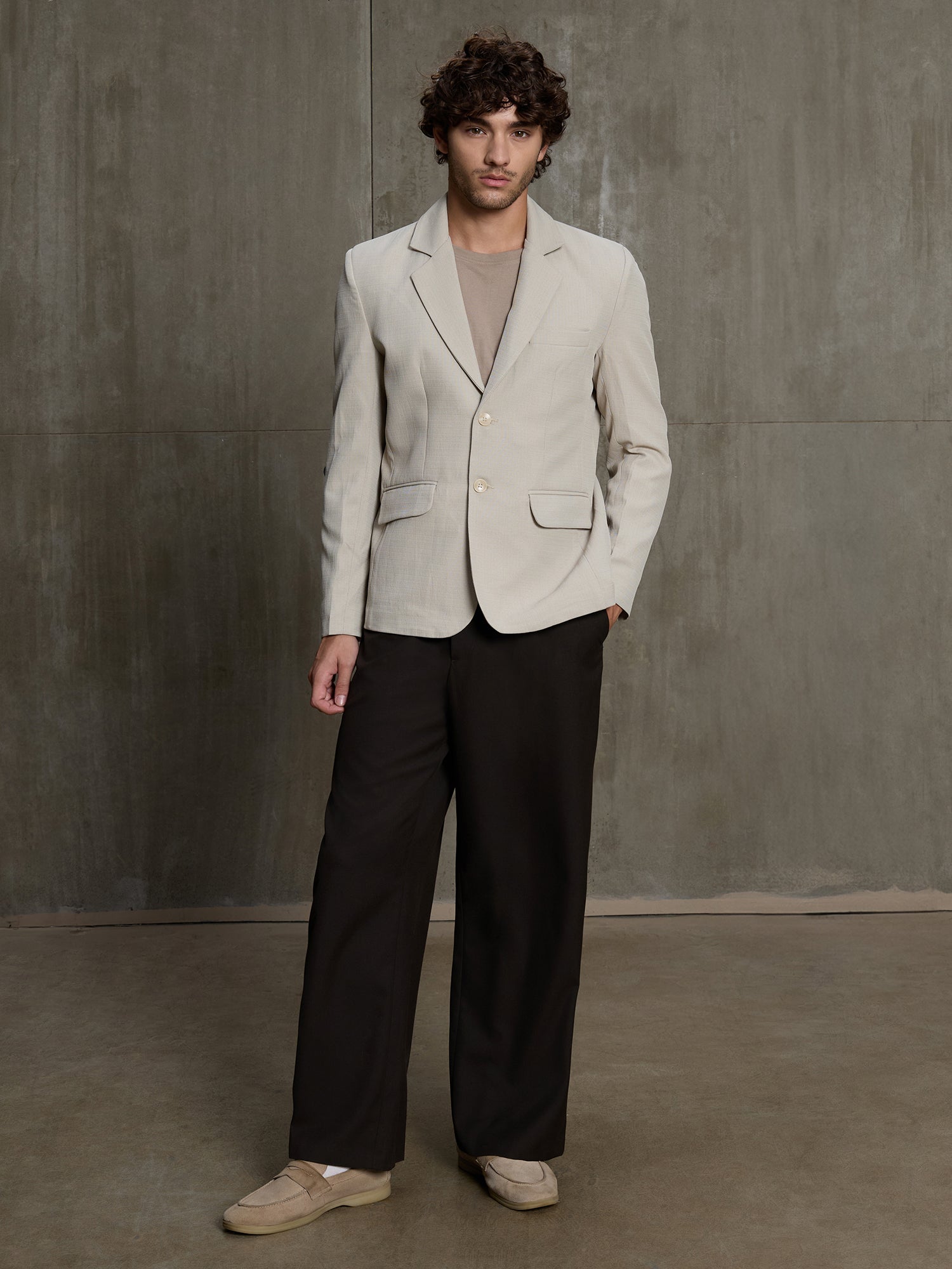 Men Beige Self-Design Regular Fit Formal Blazer
