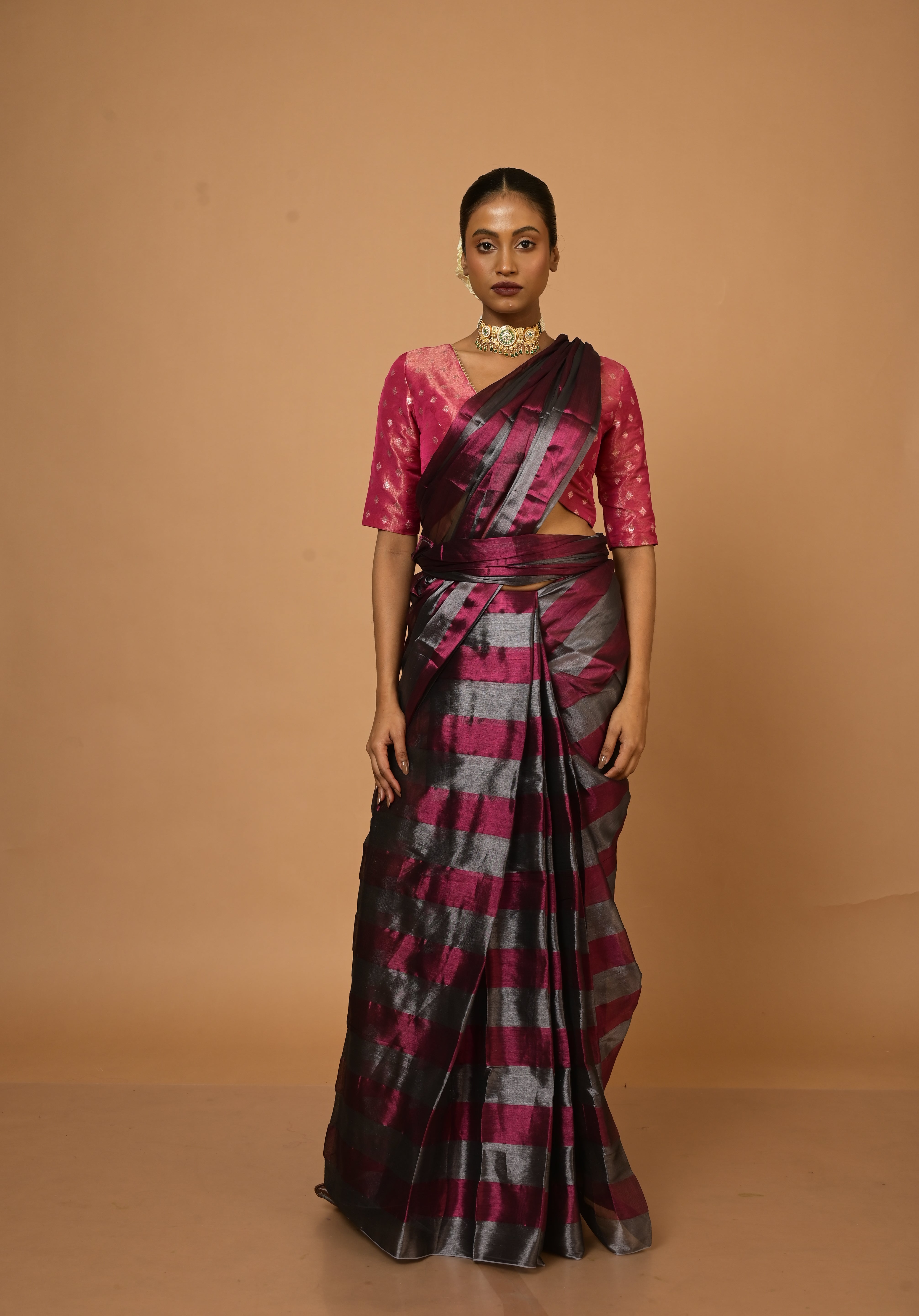 Abhilasha Silver and Purple Striped Handloom Tissue Saree
