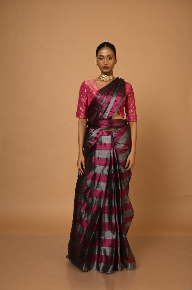 Abhilasha Silver and Purple Striped Handloom Tissue Saree