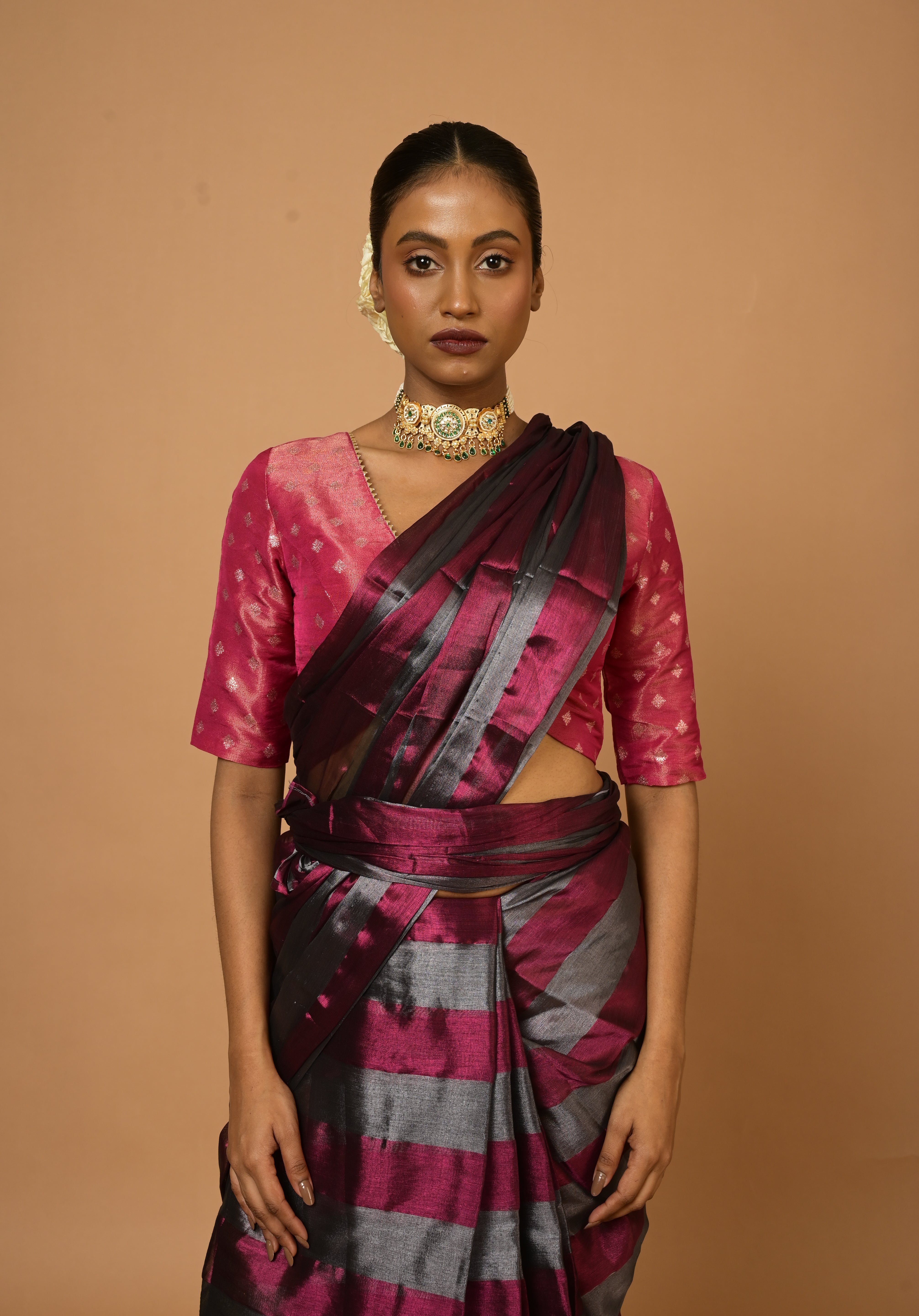 Abhilasha Silver and Purple Striped Handloom Tissue Saree
