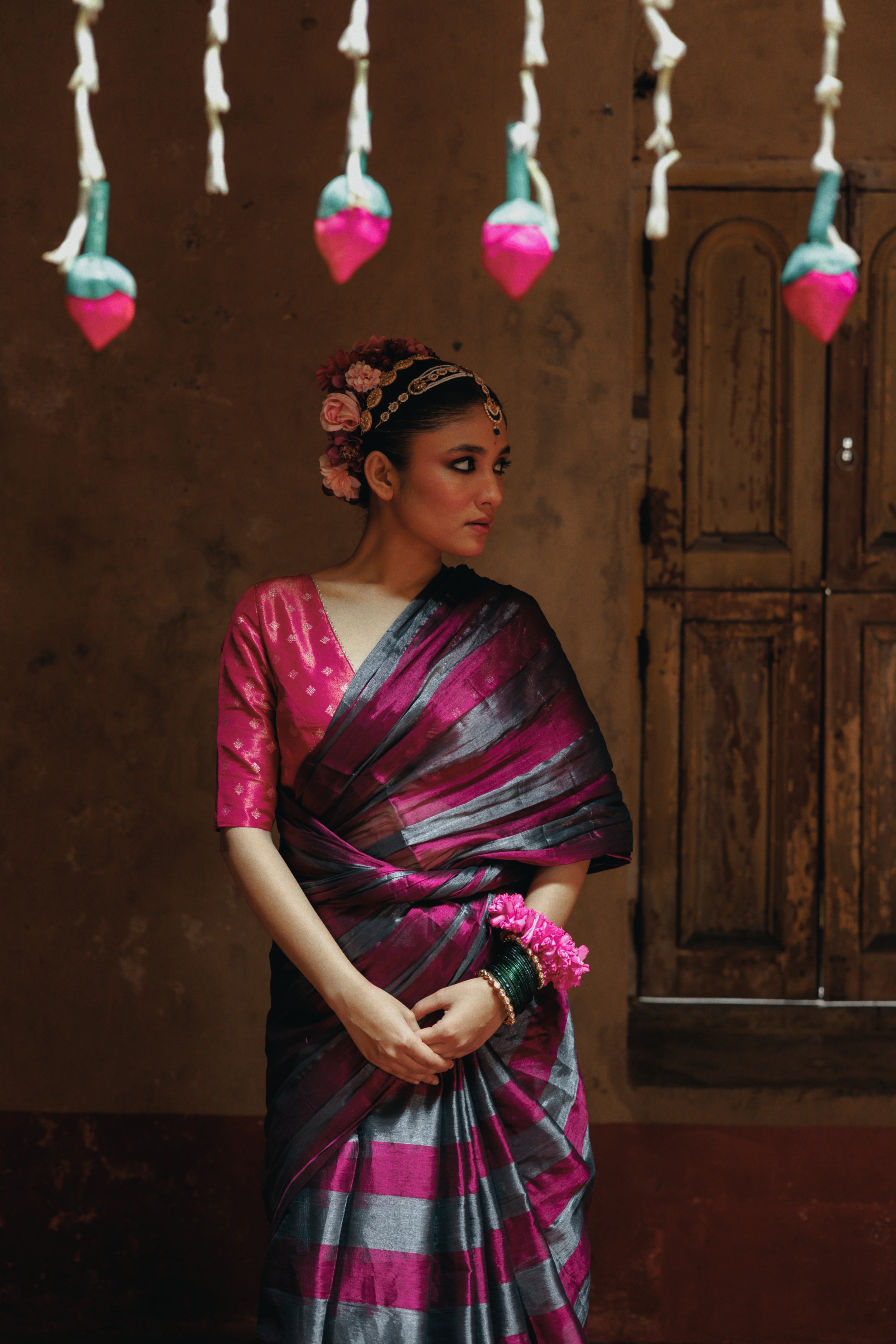 Abhilasha Silver and Purple Striped Handloom Tissue Saree