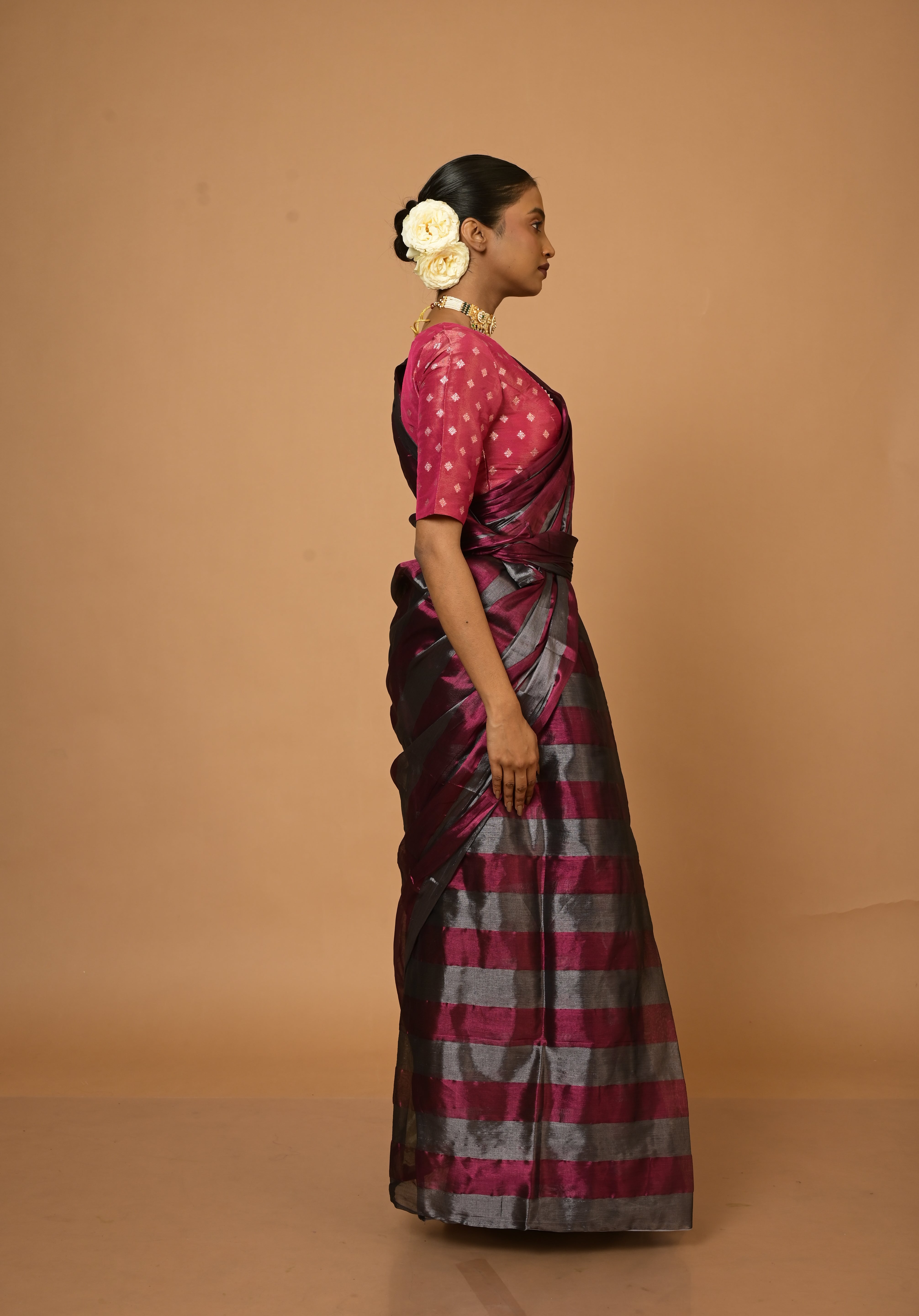 Abhilasha Silver and Purple Striped Handloom Tissue Saree