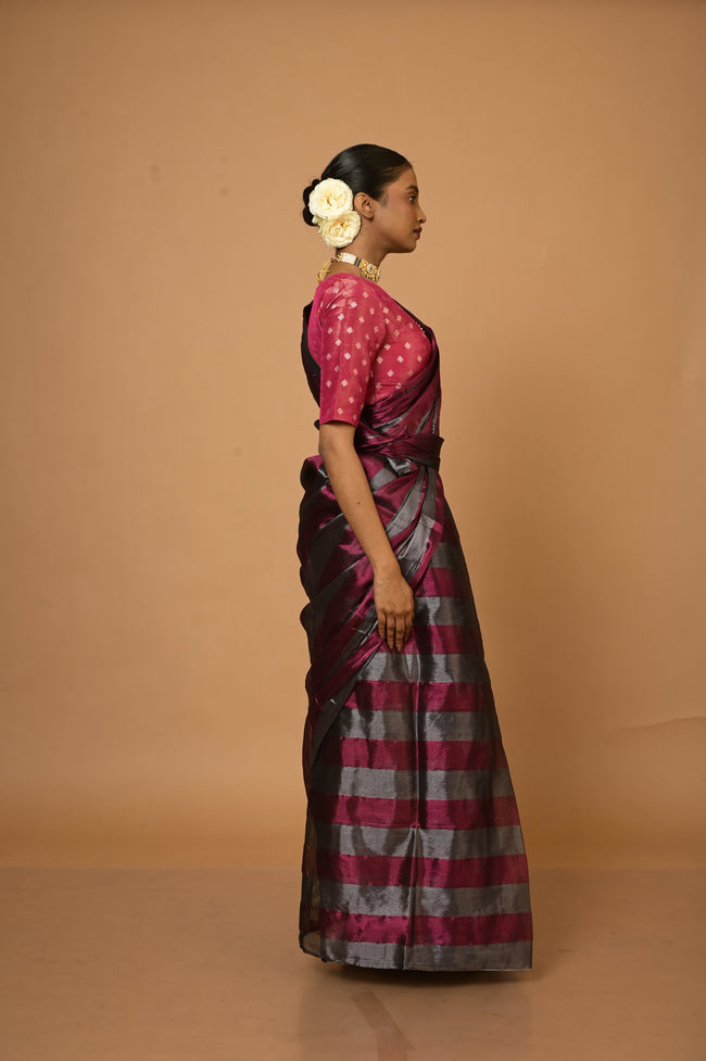Abhilasha Silver and Purple Striped Handloom Tissue Saree