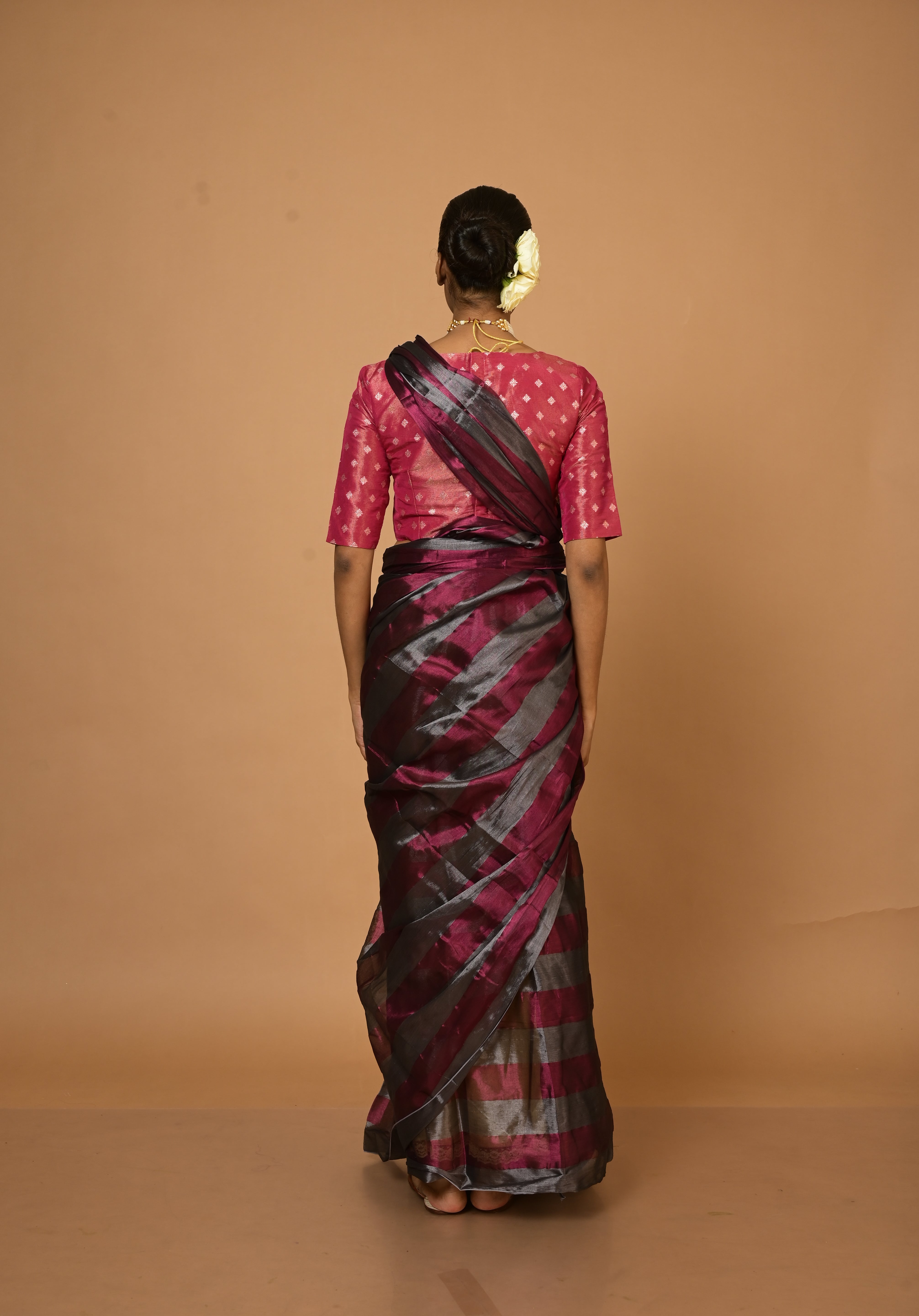Abhilasha Silver and Purple Striped Handloom Tissue Saree