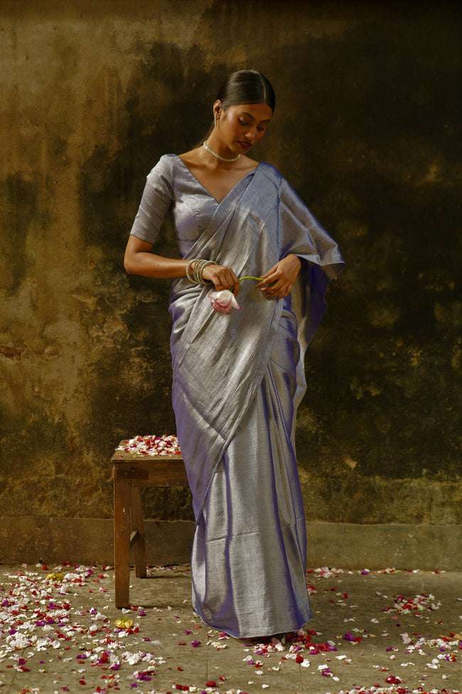Aadhi Raat Midnight Blue And Grey Tone Handloom Tissue Saree