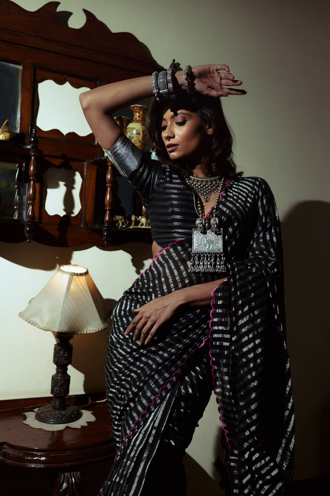 Arcane Sorceress Black Handloom Cotton Saree with Zari Stripes and Scalloped Border