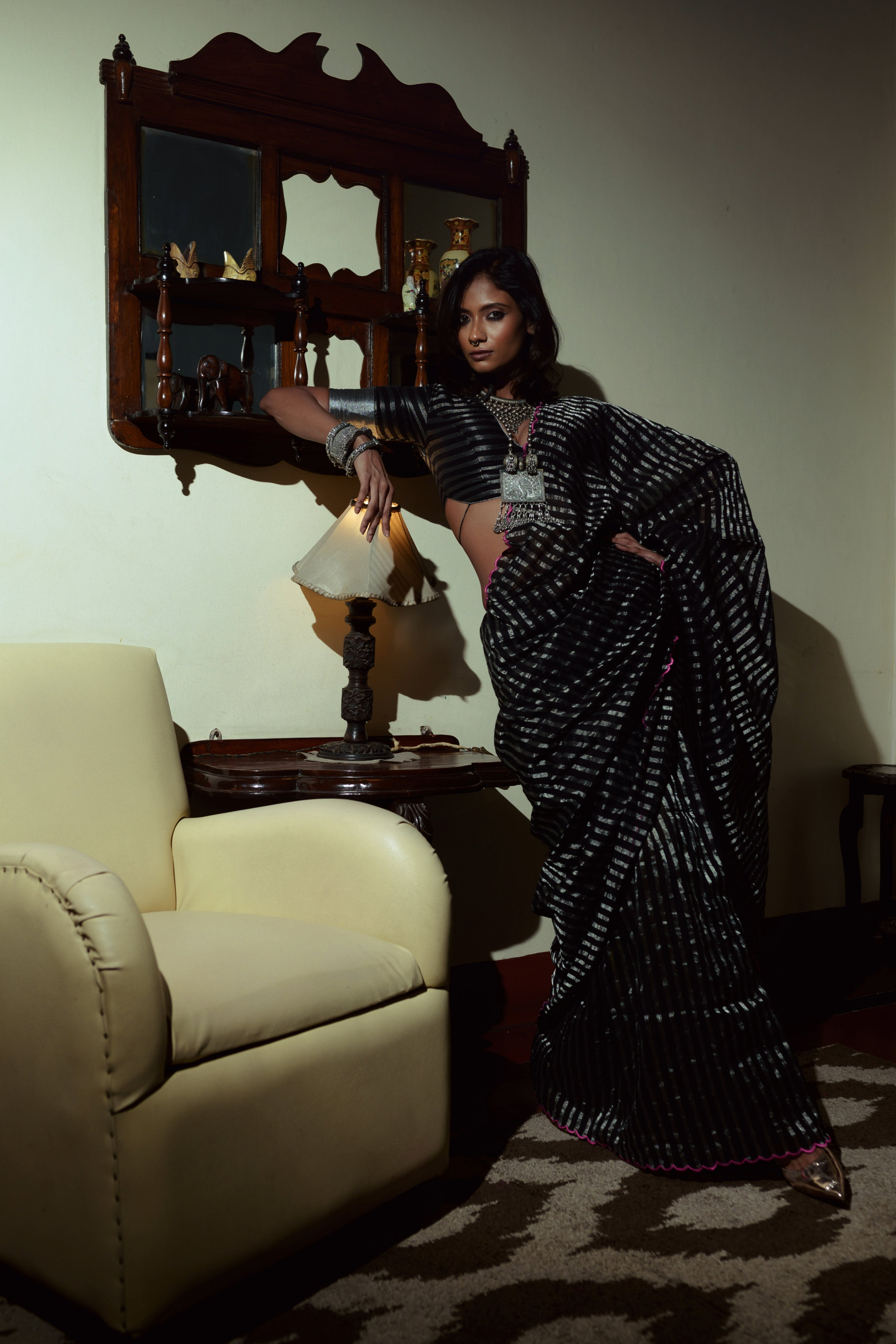 Arcane Sorceress Black Handloom Cotton Saree with Zari Stripes and Scalloped Border