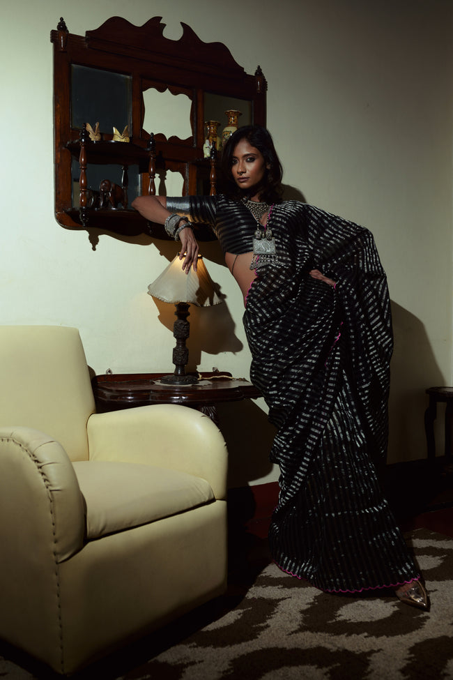 Arcane Sorceress Black Handloom Cotton Saree with Zari Stripes and Scalloped Border