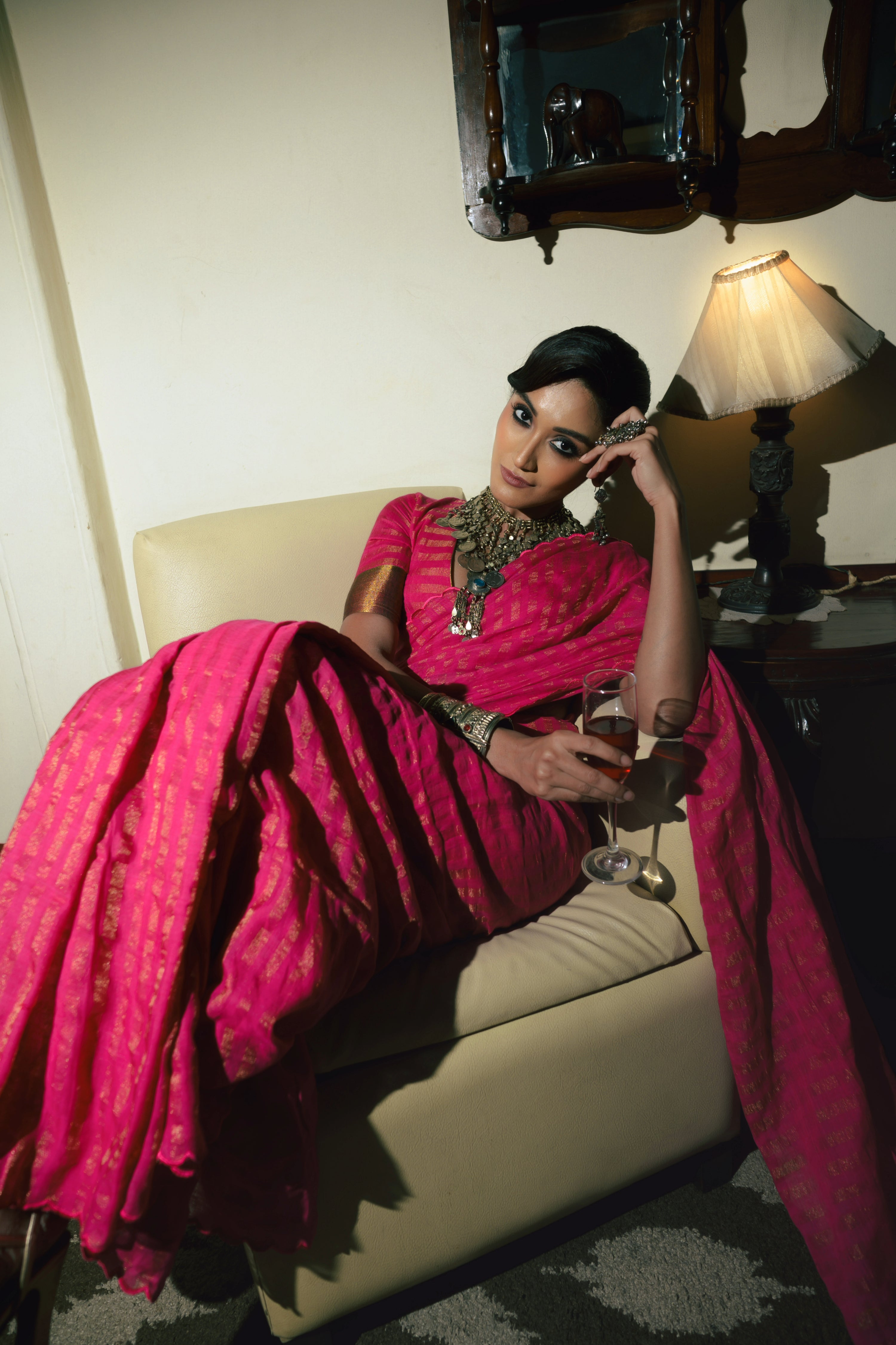 Twin Realm Pink Handloom Cotton Saree with Zari Stripes and Scalloped Border