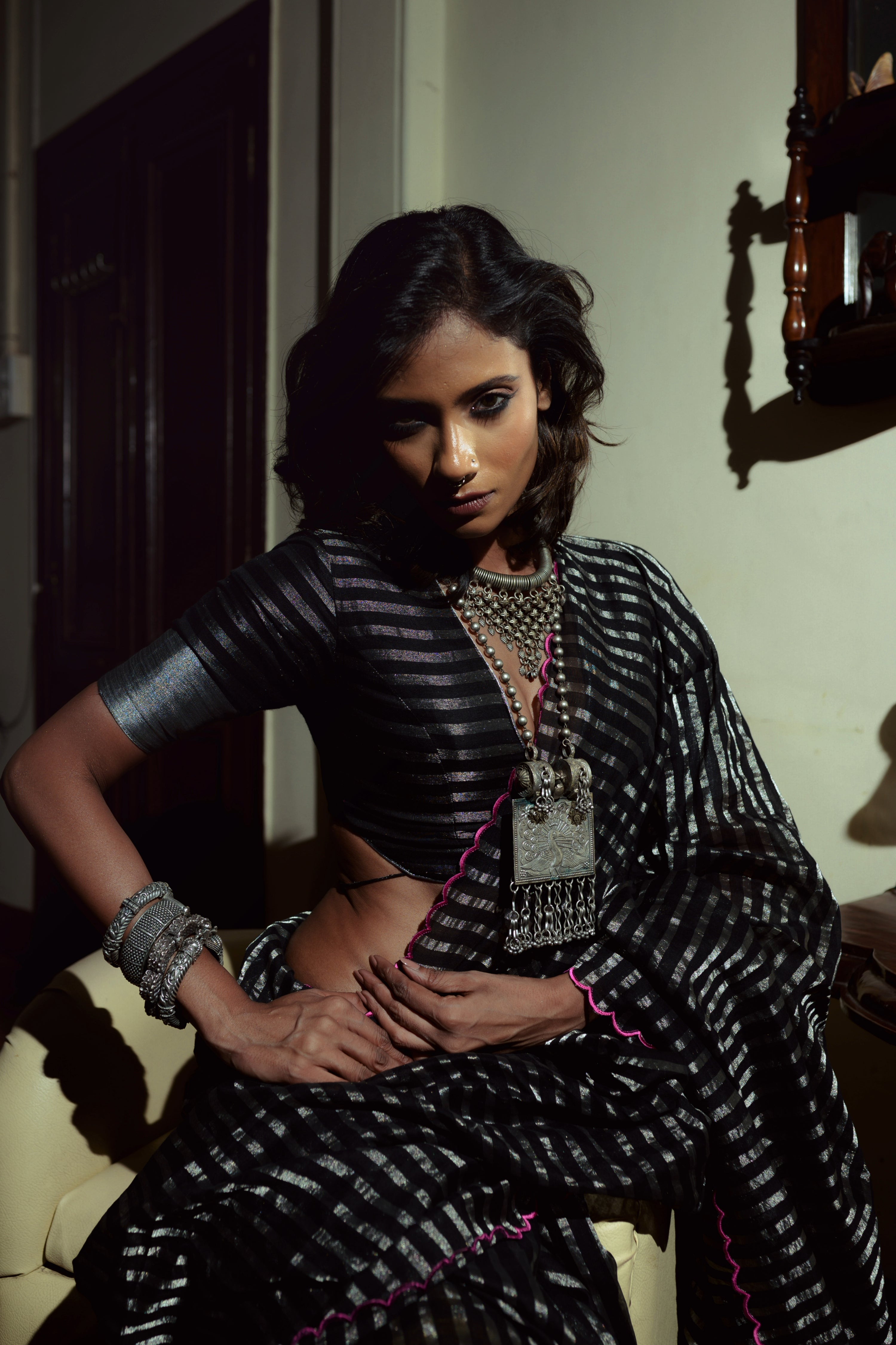 Arcane Sorceress Black Handloom Cotton Saree with Zari Stripes and Scalloped Border