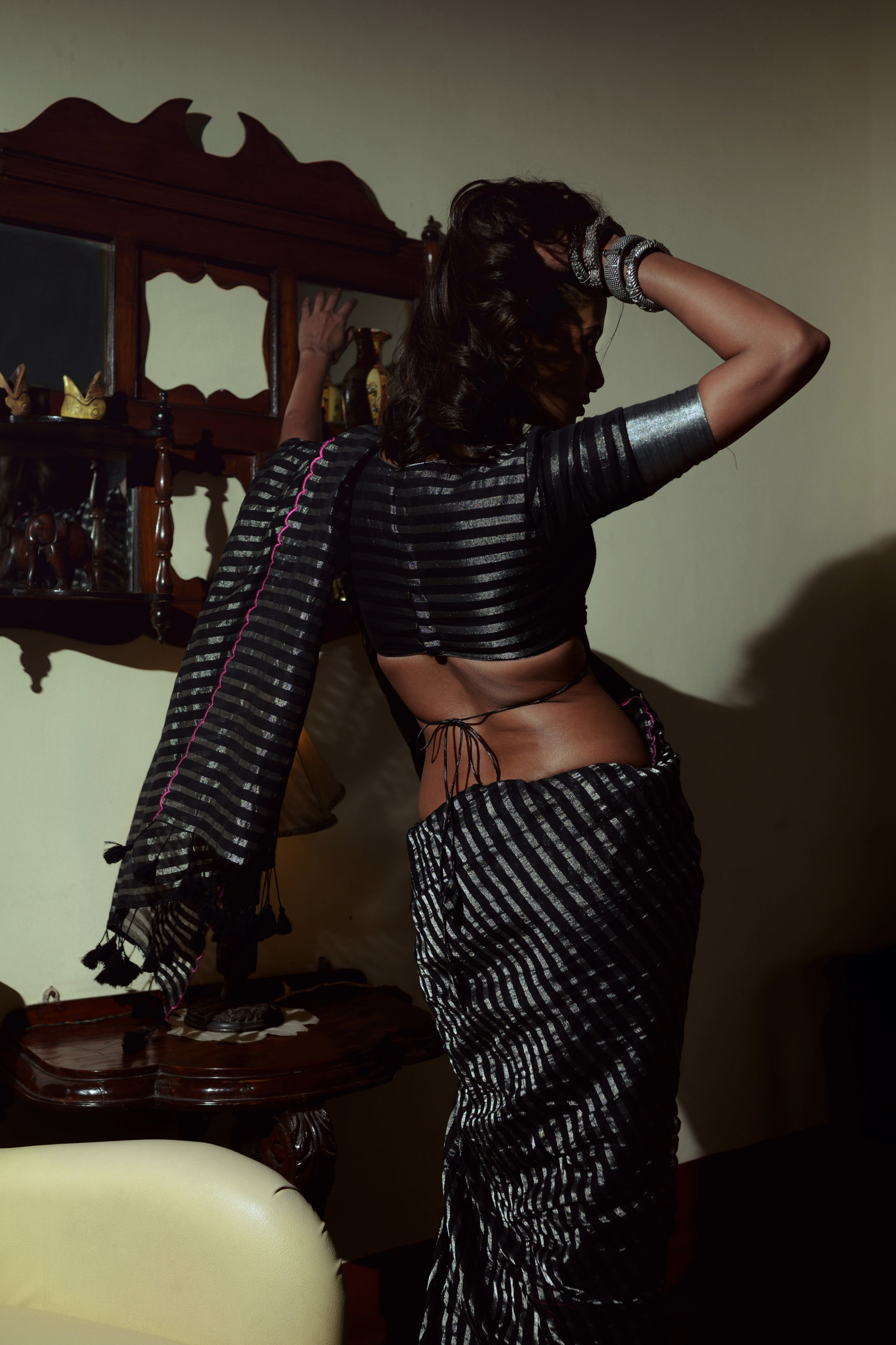 Arcane Sorceress Black Handloom Cotton Saree with Zari Stripes and Scalloped Border