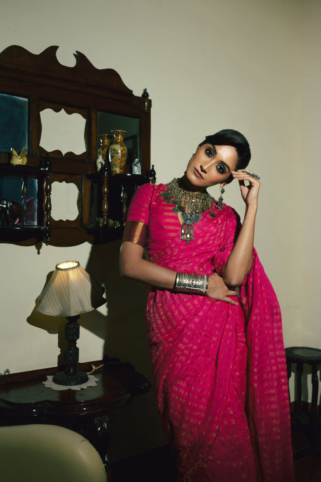 Twin Realm Pink Handloom Cotton Saree with Zari Stripes and Scalloped Border
