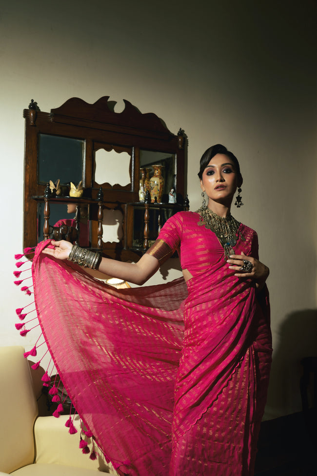 Twin Realm Pink Handloom Cotton Saree with Zari Stripes and Scalloped Border
