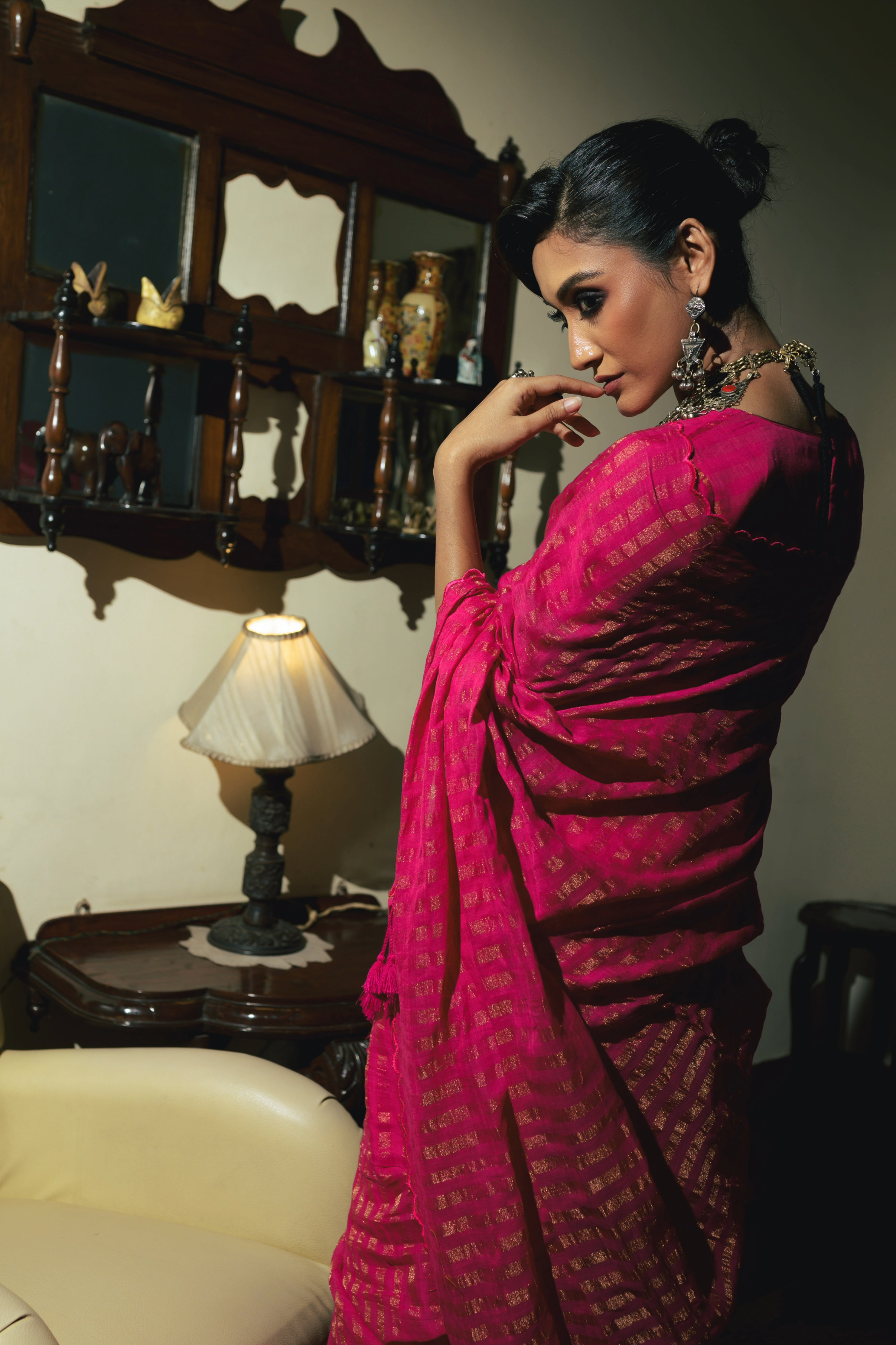 Twin Realm Pink Handloom Cotton Saree with Zari Stripes and Scalloped Border