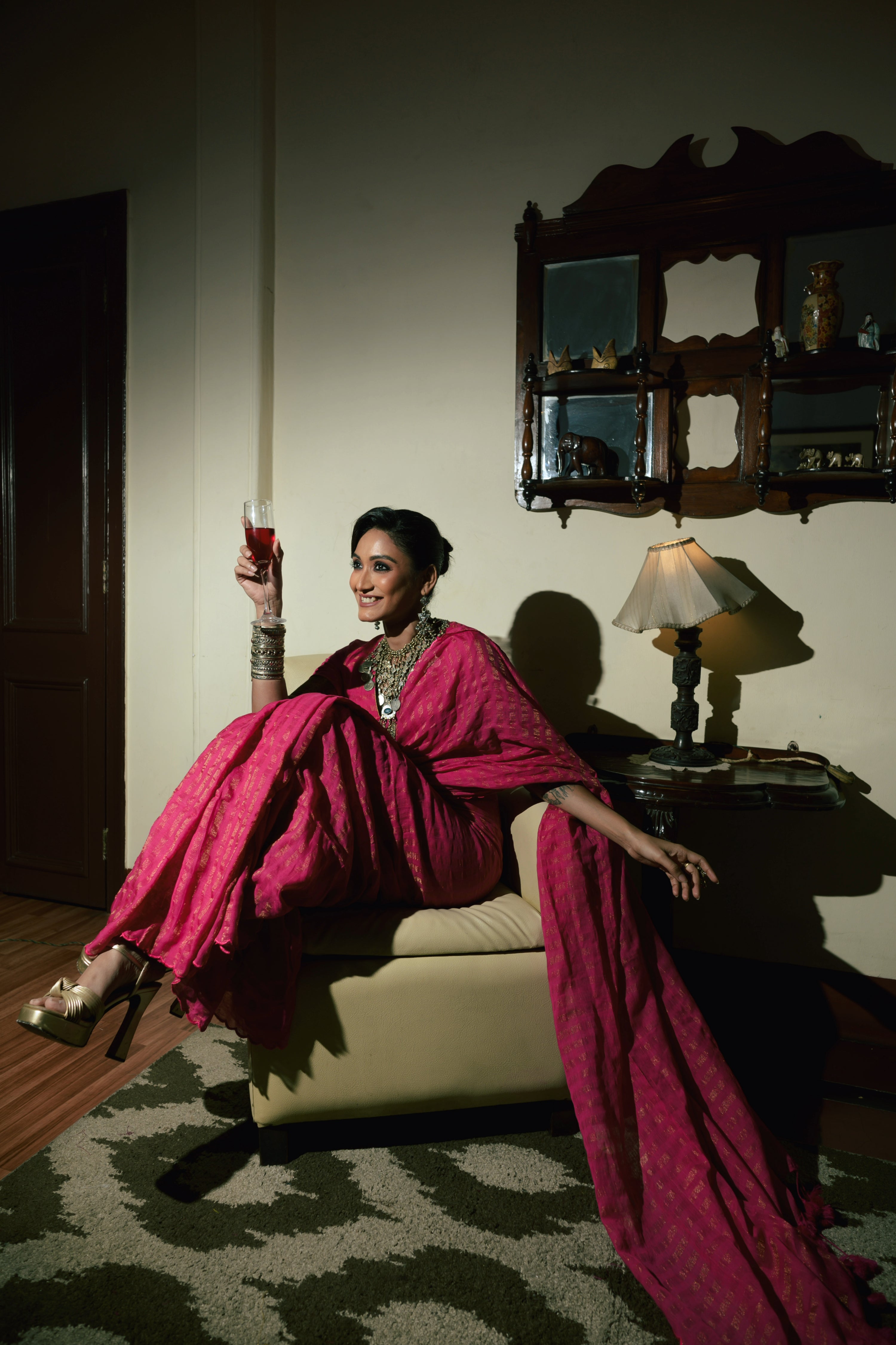 Twin Realm Pink Handloom Cotton Saree with Zari Stripes and Scalloped Border