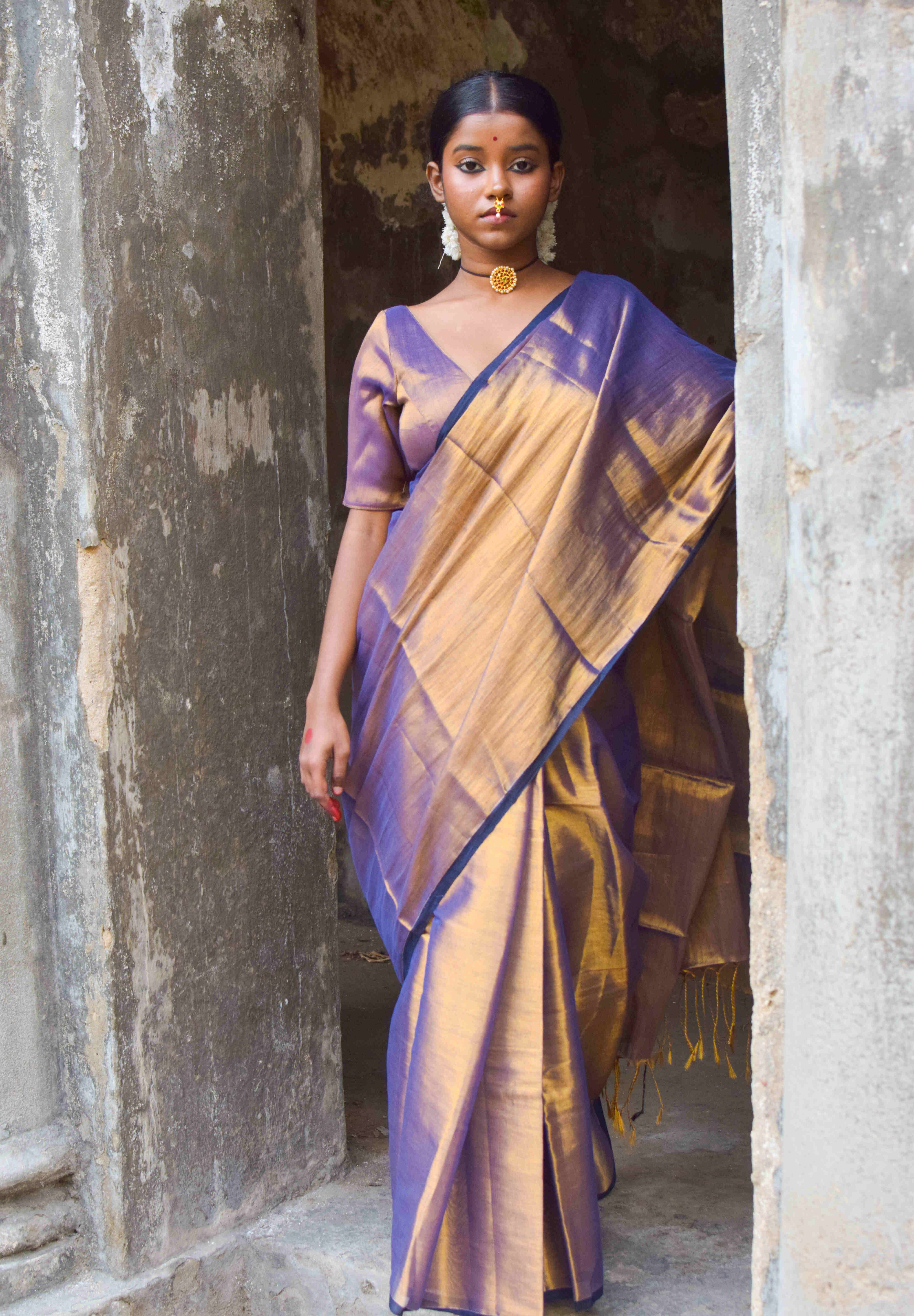 Alpadma Gold Purple Handloom Tissue Saree