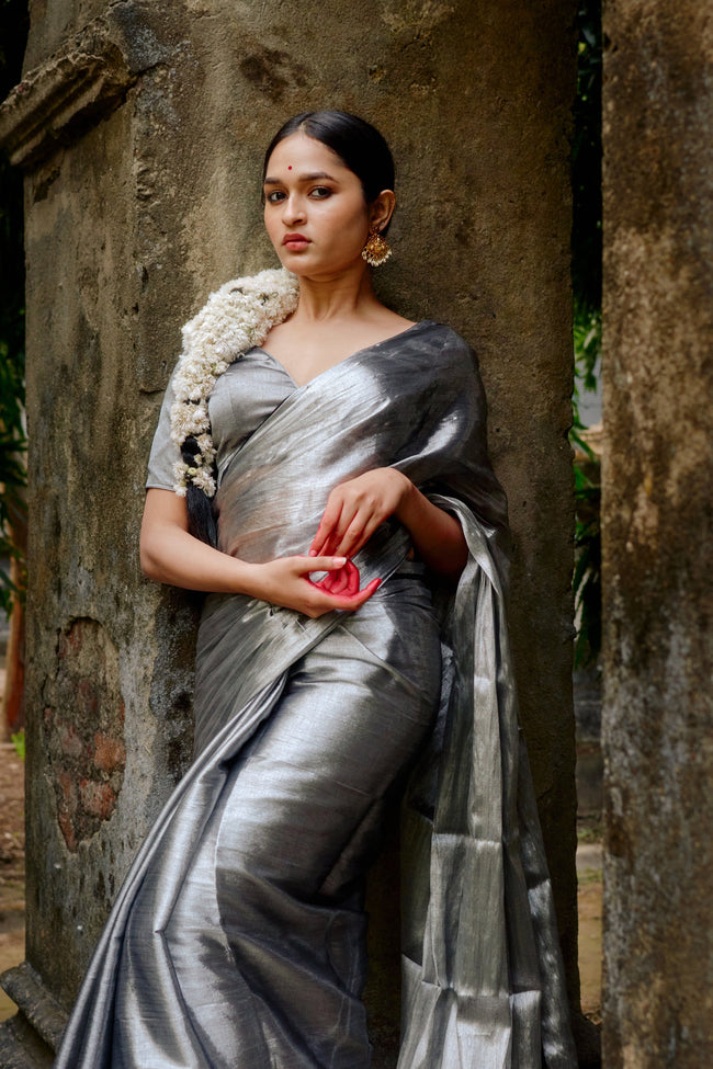 Ardhachandra Silver Tissue Saree