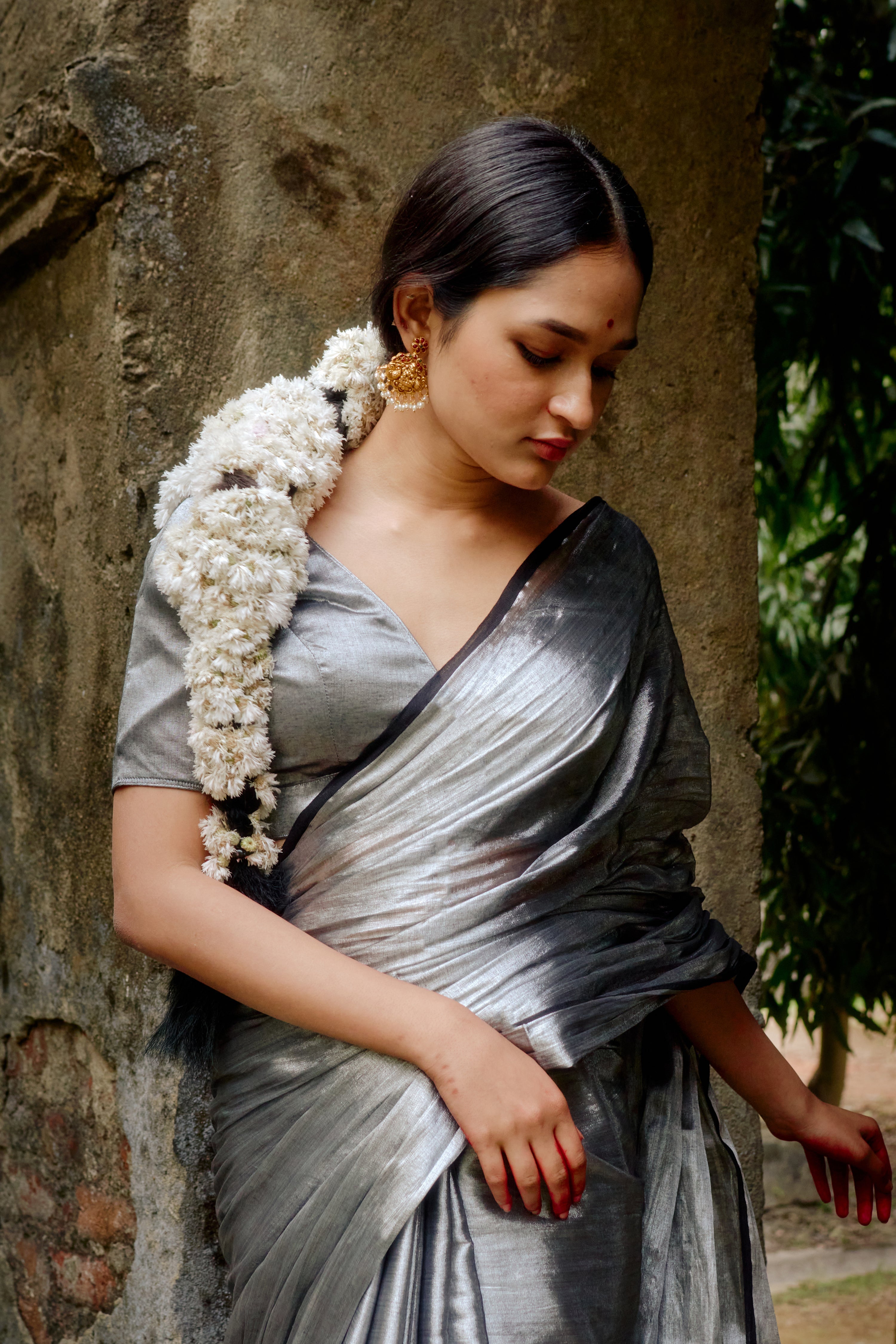 Ardhachandra Silver Tissue Saree