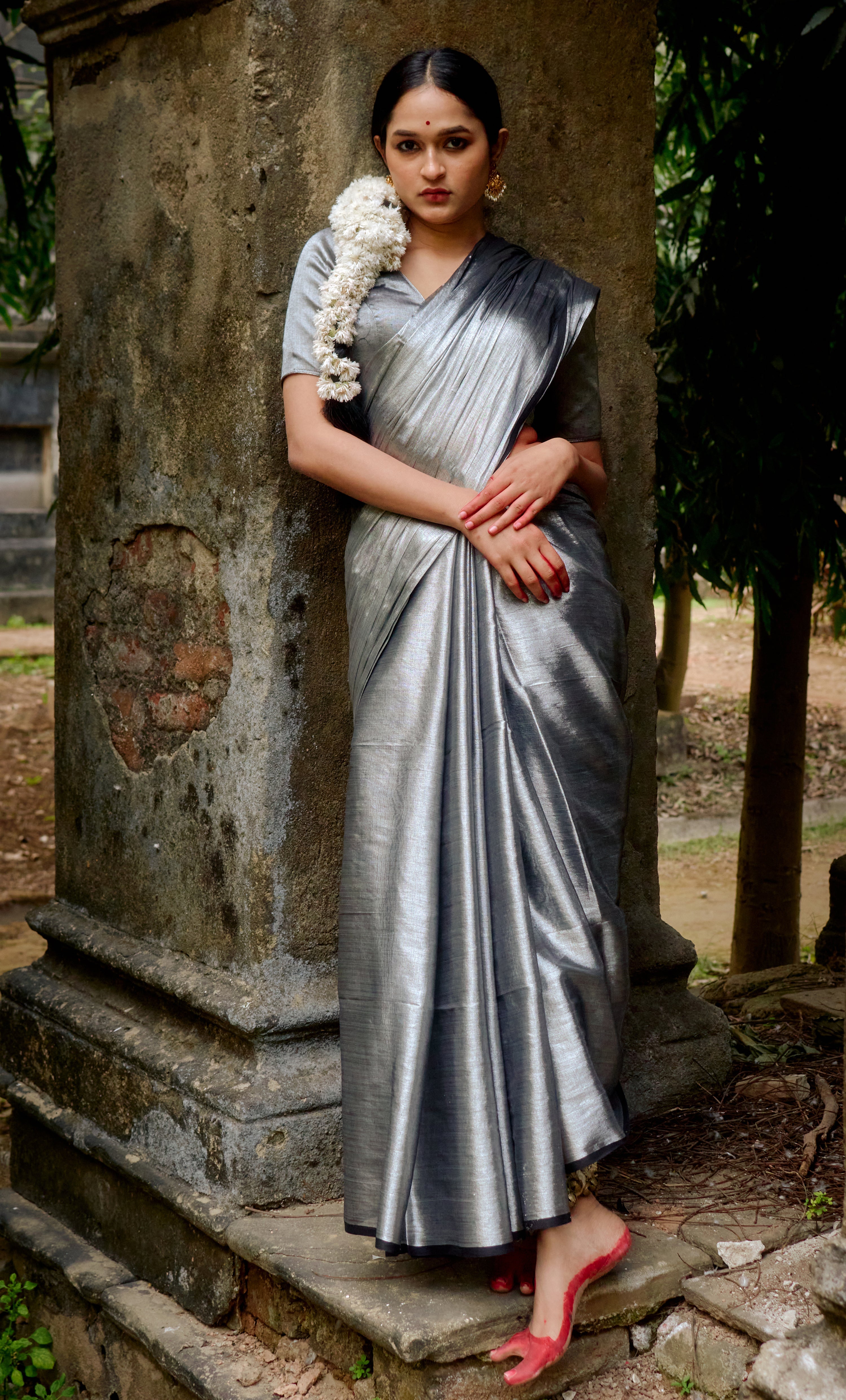Ardhachandra Silver Tissue Saree