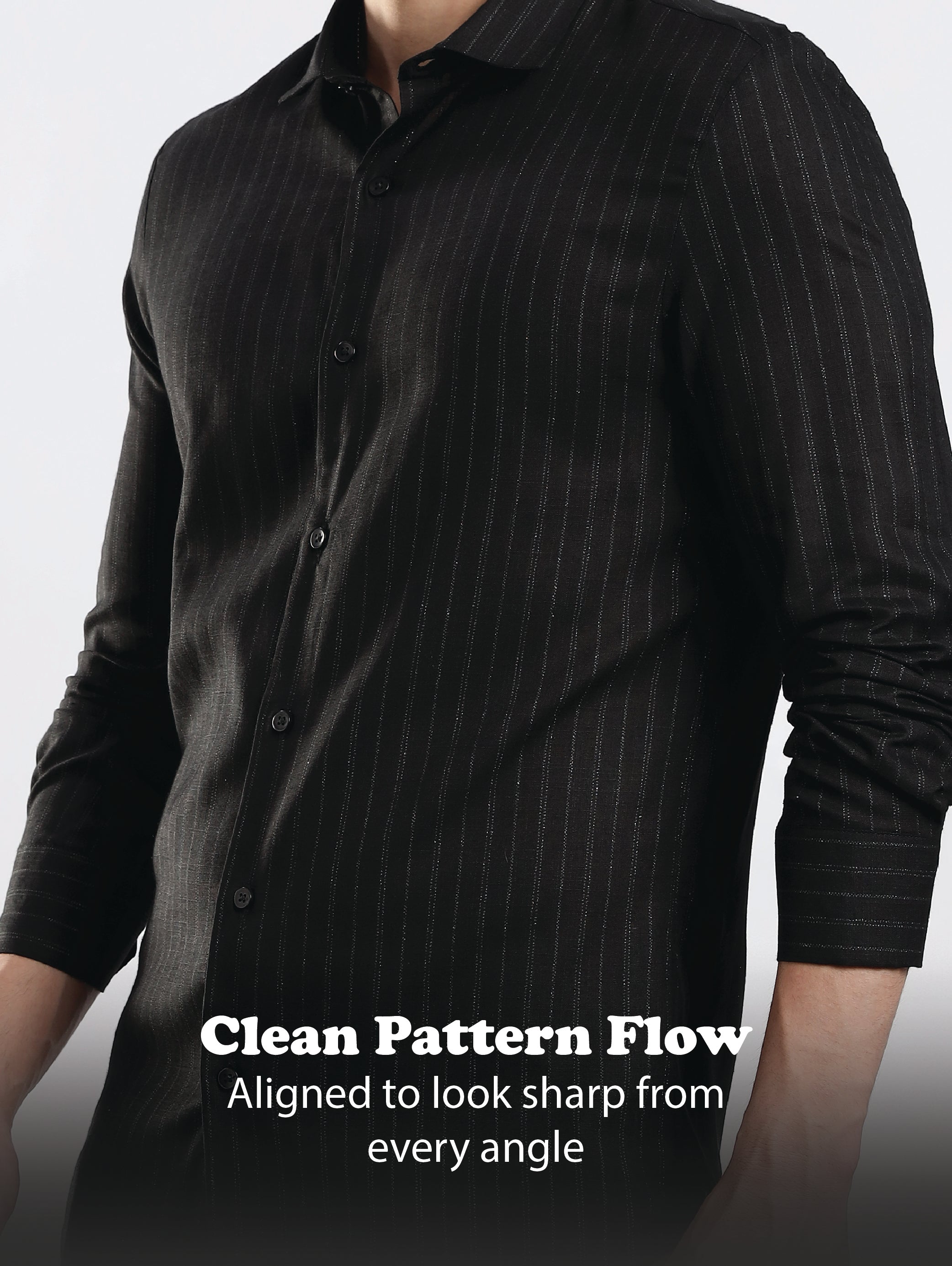 Men Black Cotton Slim Fit Striped Glitter Shirt