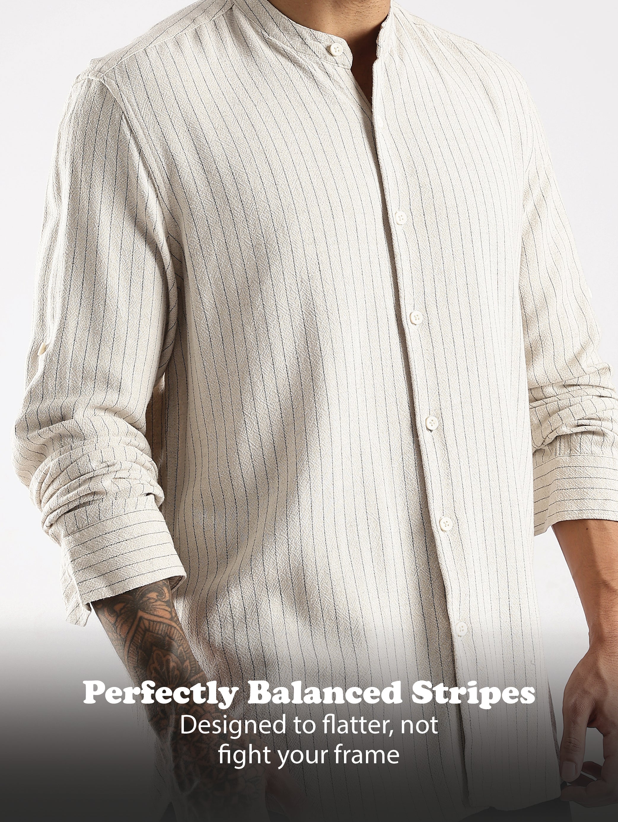Men Cream Linen Blend Striped Shirt