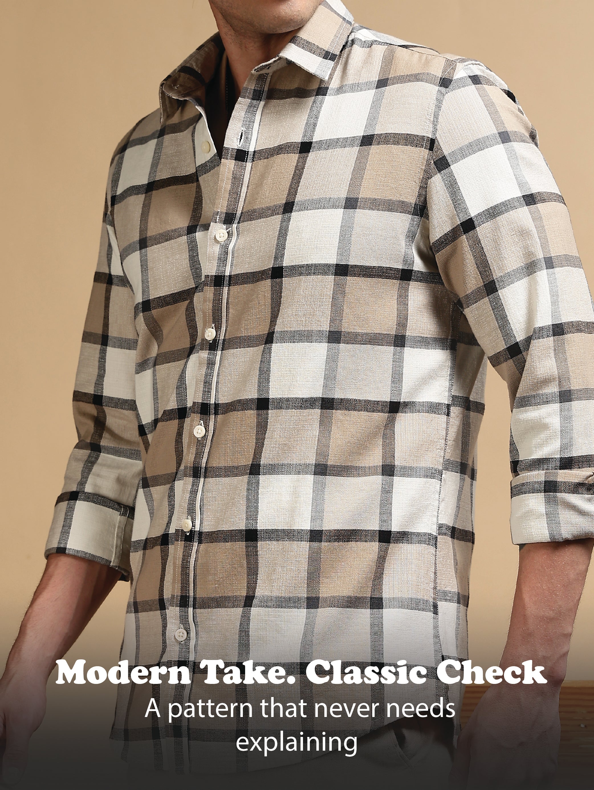 Men Cream Slim Fit Cotton Check Shirt