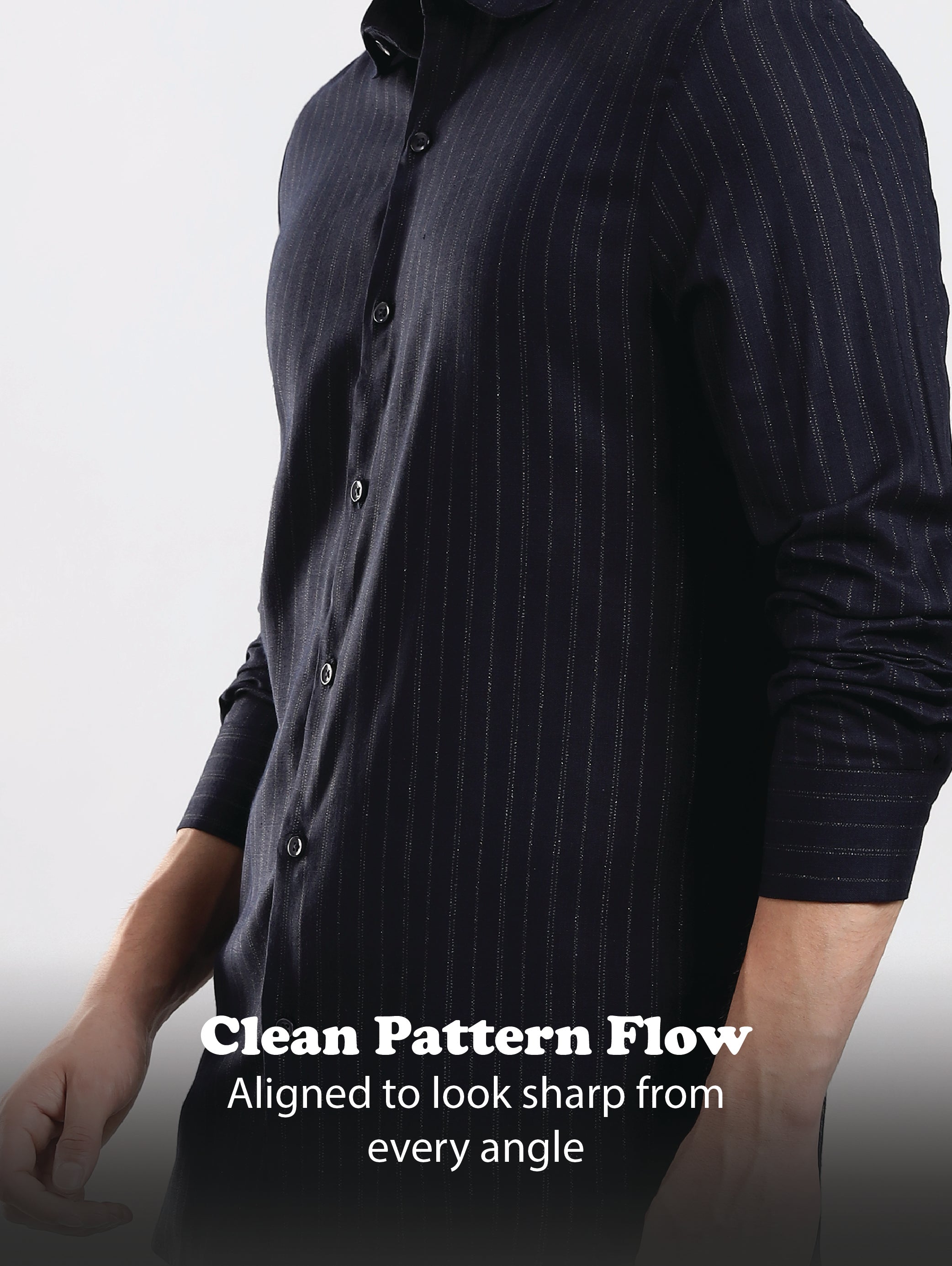 Men Navy Cotton Slim Fit Striped Glitter Shirt