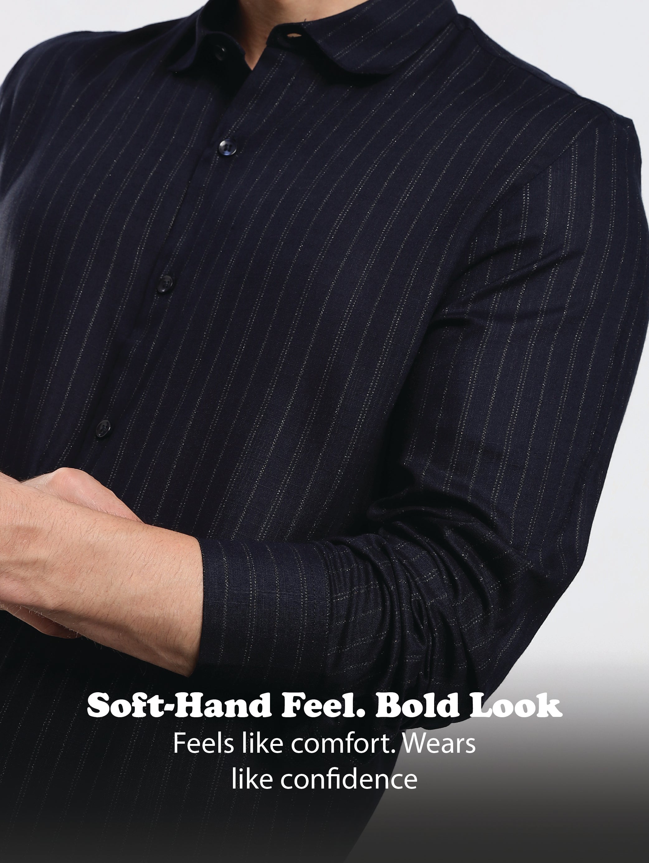 Men Navy Cotton Slim Fit Striped Glitter Shirt