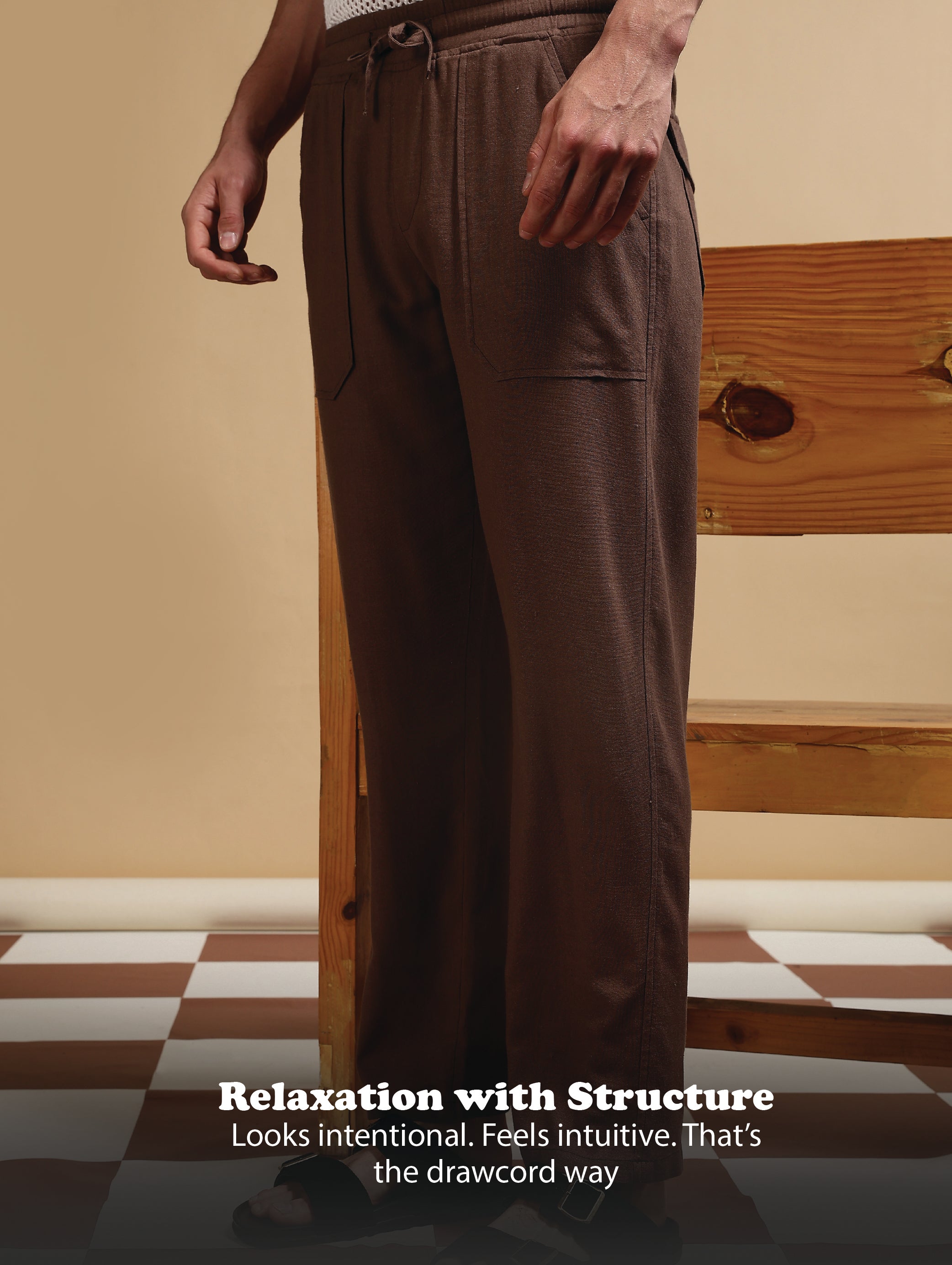 Men Brown Linen Blend Loose Fit Drawcord Trousers