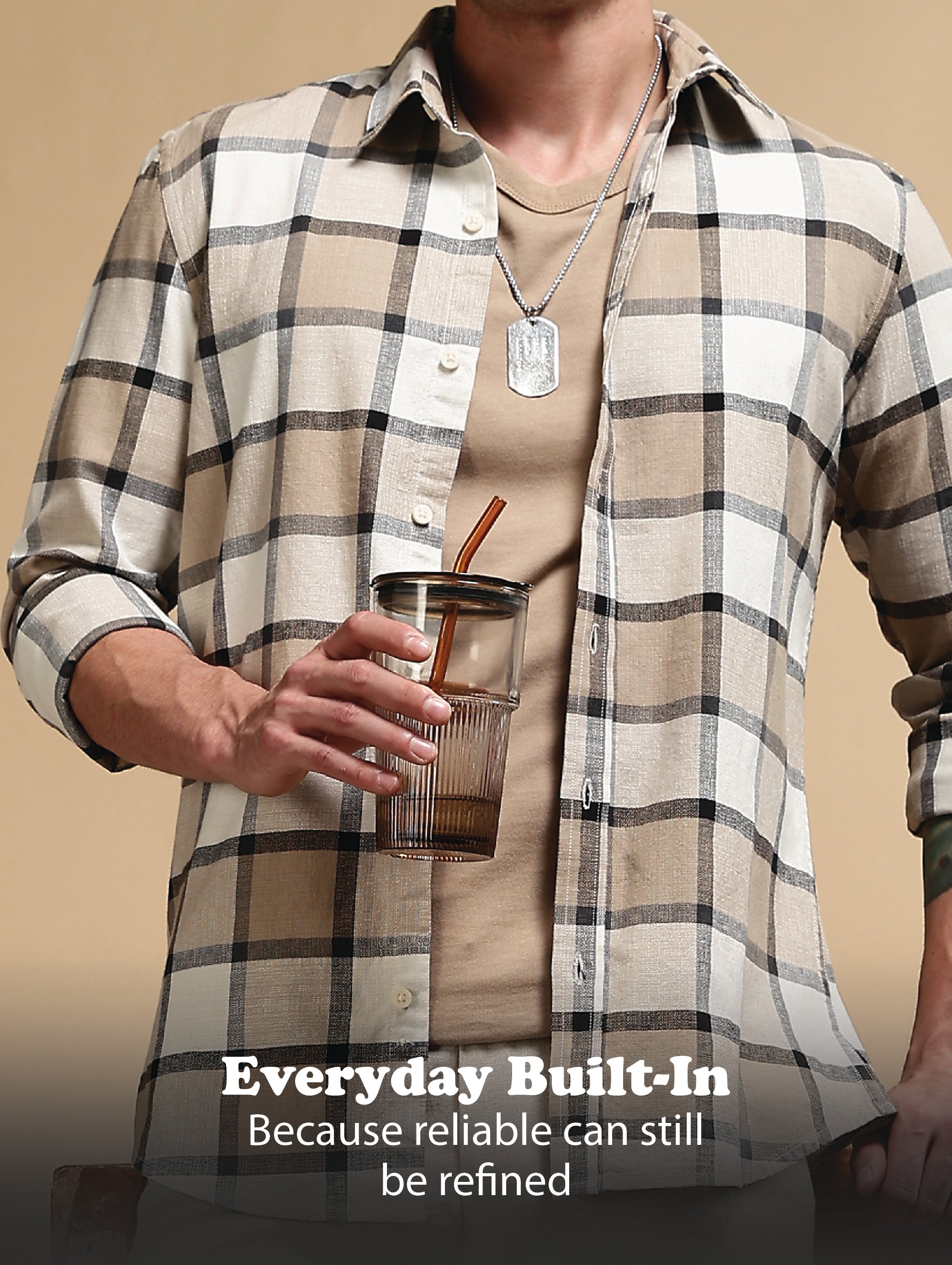 Men Cream Slim Fit Cotton Check Shirt