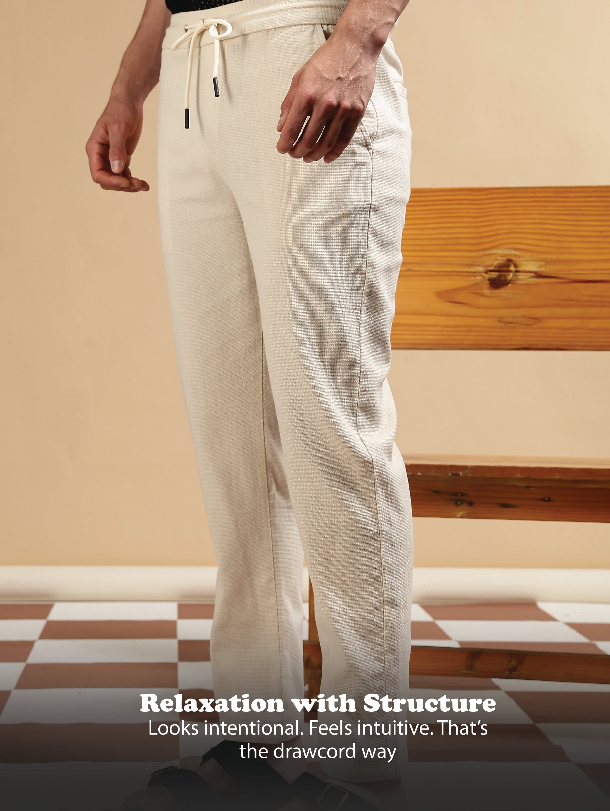 Men Cream Cotton Loose Fit Drawcord Pants