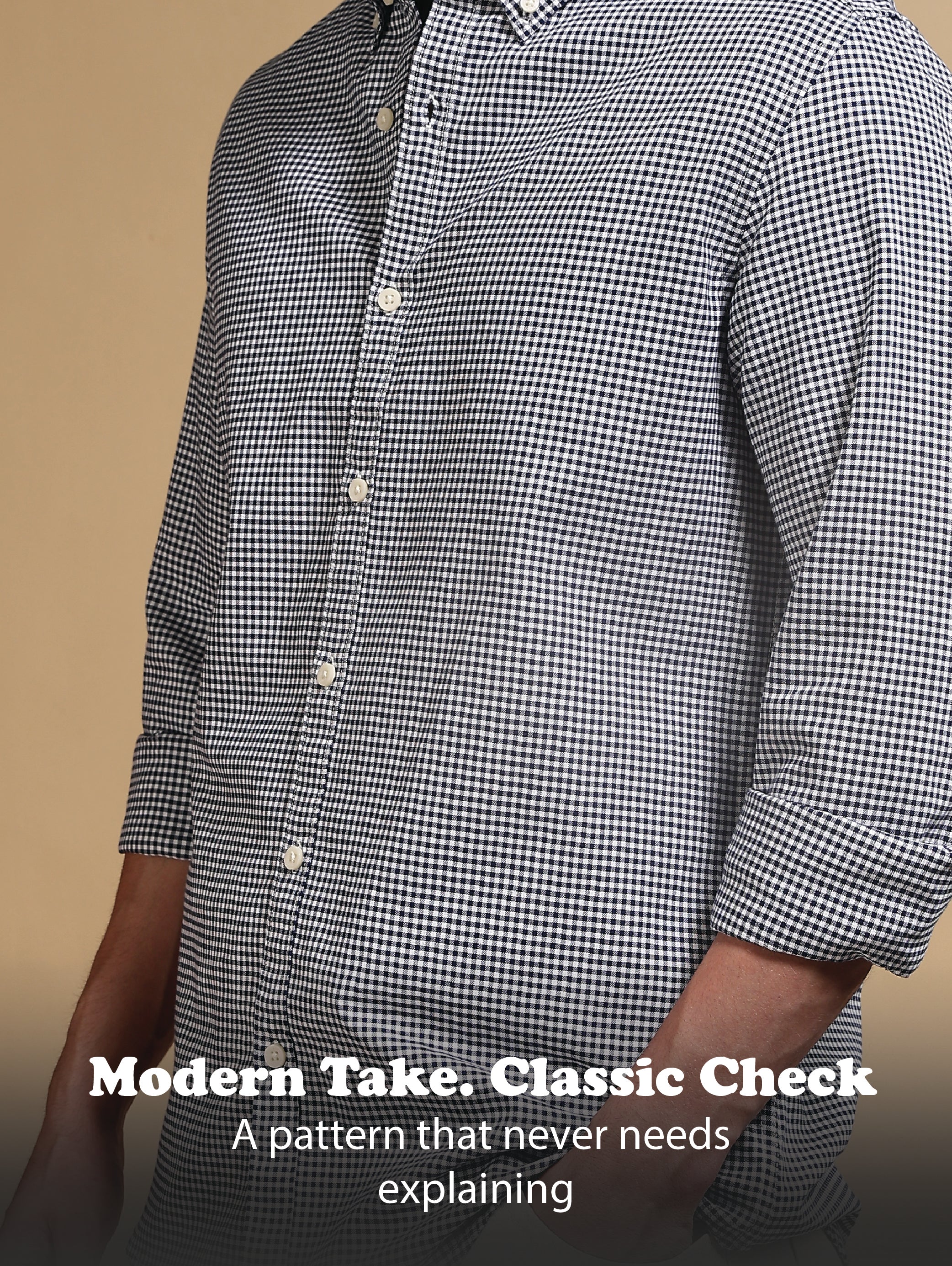 Men Blue Cotton Oxford Slim Fit Mini Checks Shirt