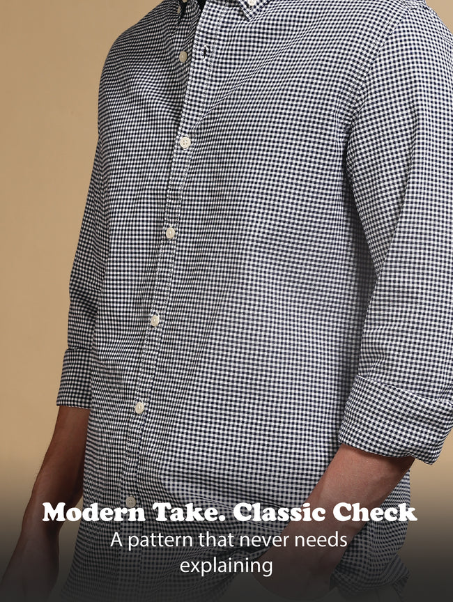 Men Blue Cotton Oxford Slim Fit Mini Checks Shirt